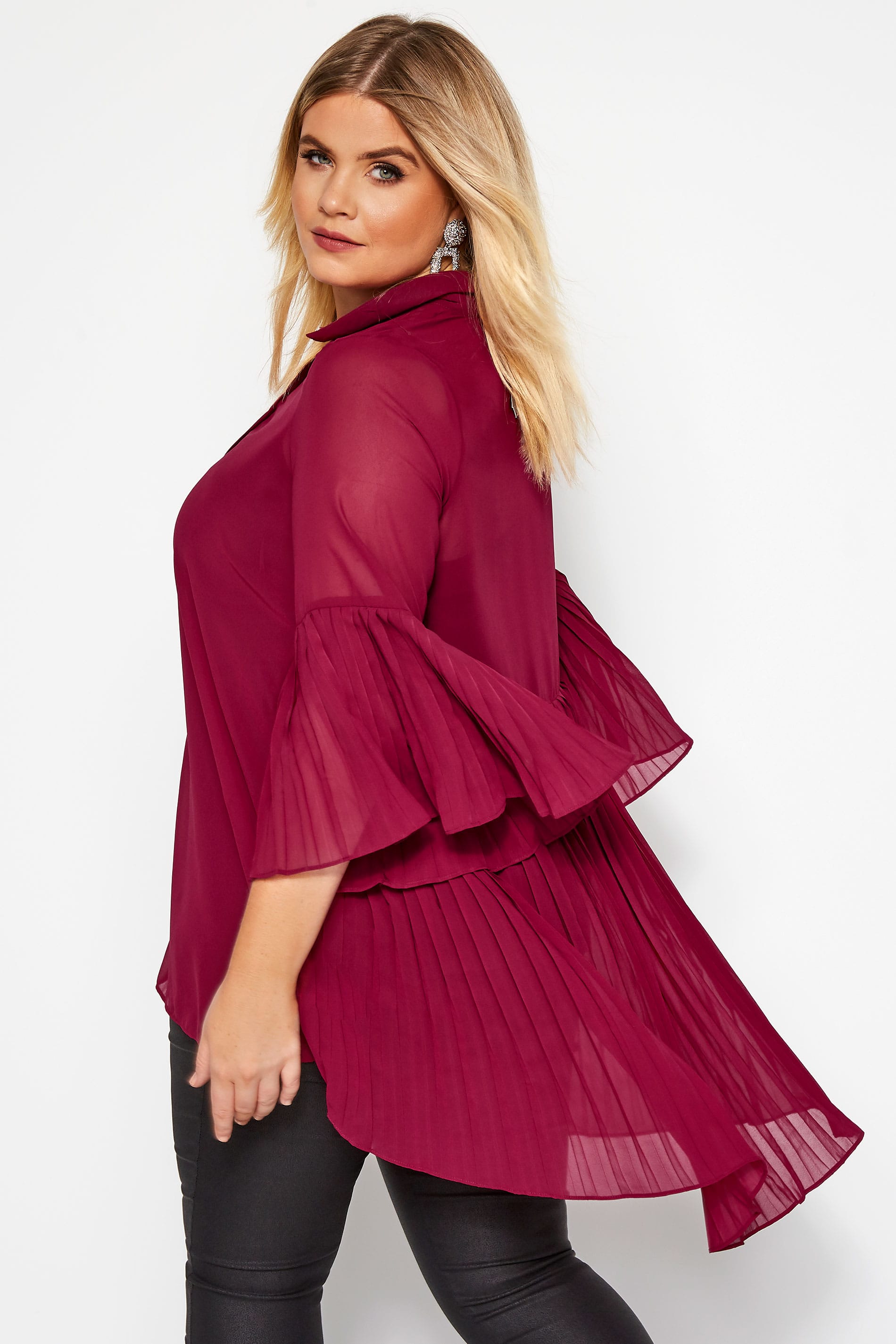 YOURS LONDON Burgundy Pleated Chiffon Shirt | Yours Clothing 1