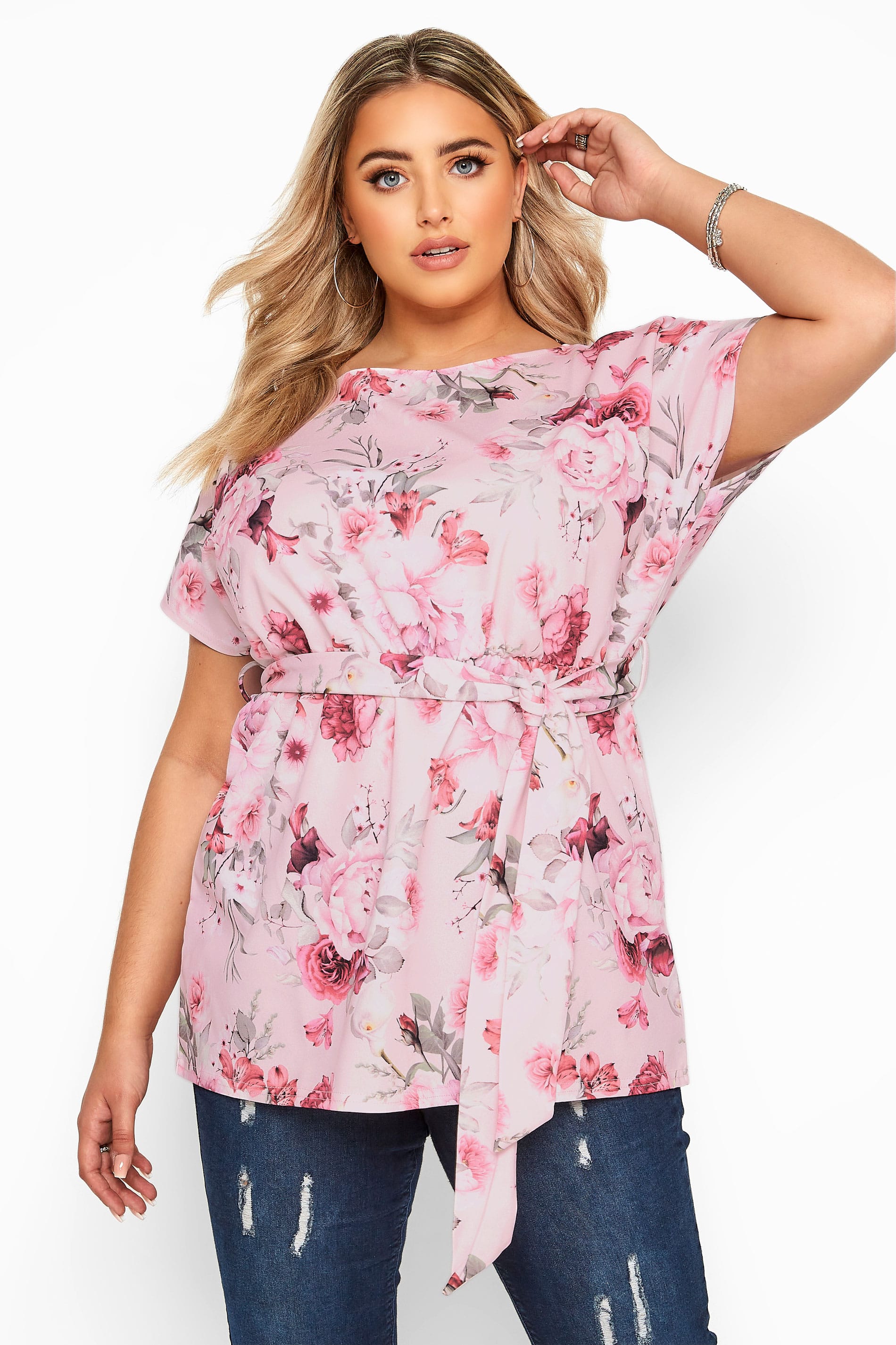 YOURS LONDON Light Pink Floral Belted Peplum Top | Yours Clothing