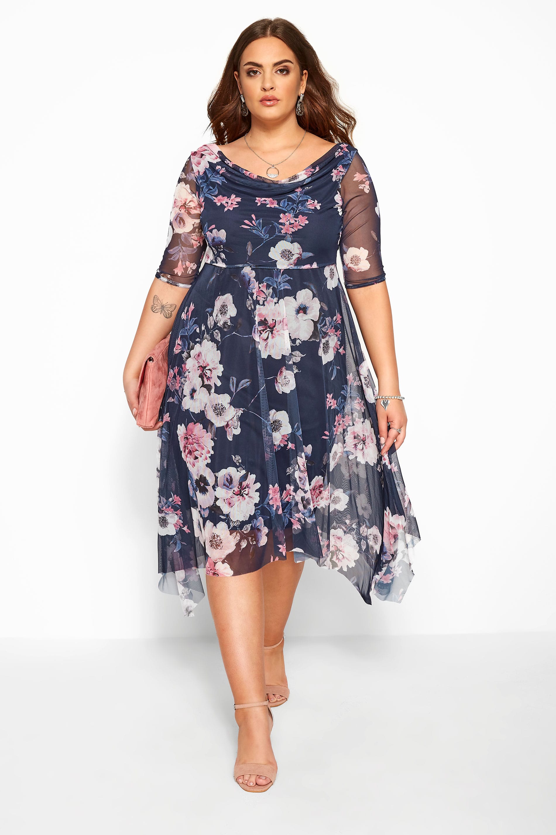 YOURS LONDON Navy Floral Cowl Neck Dress | Yours Clothing