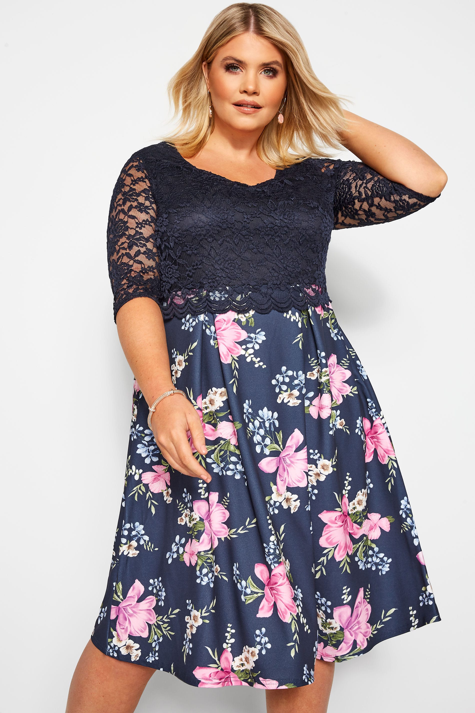 Yours London Navy Floral Lace Overlay Skater Dress Yours Clothing 1214