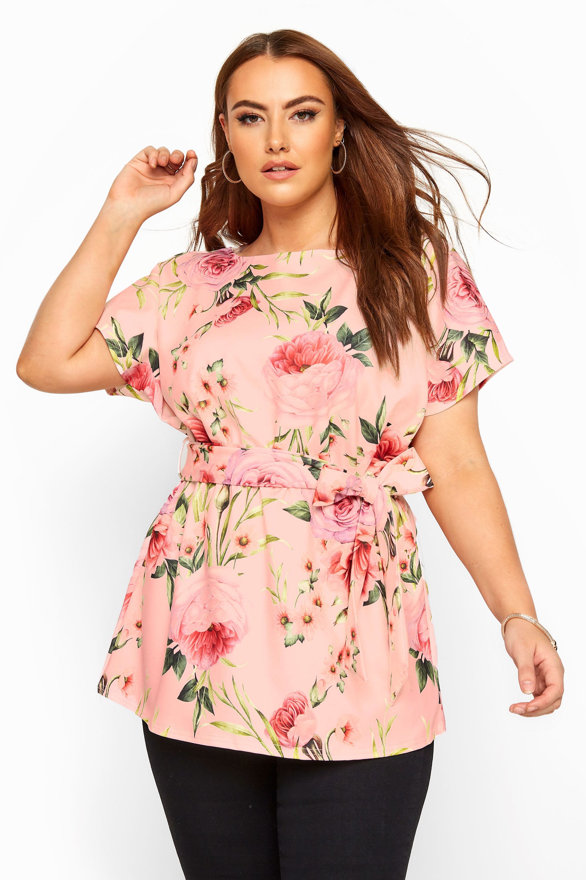 YOURS LONDON Pink Floral Belted Peplum Top | Yours Clothing