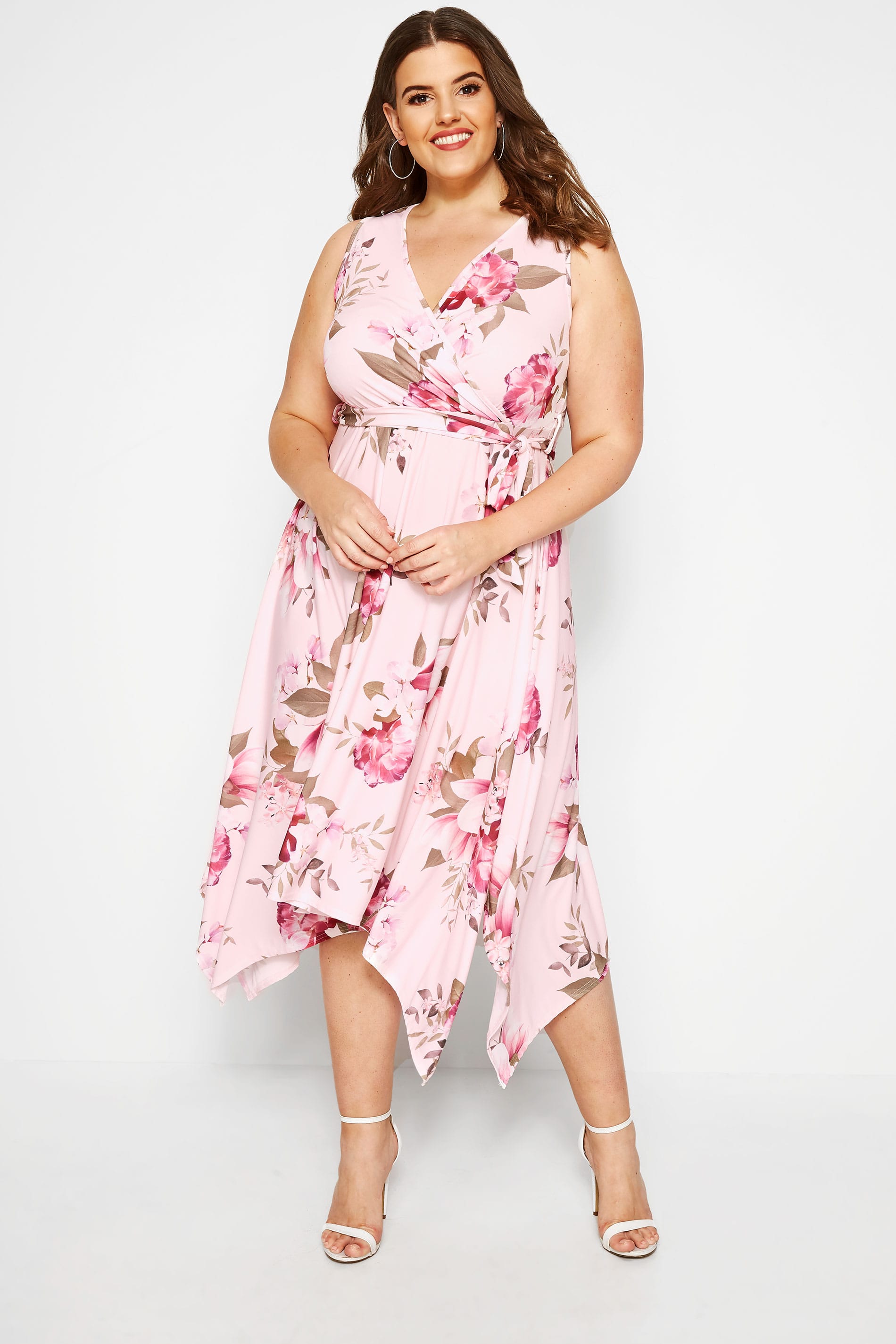 YOURS LONDON Pink Floral Mesh Midi Dress With Hanky Hem 