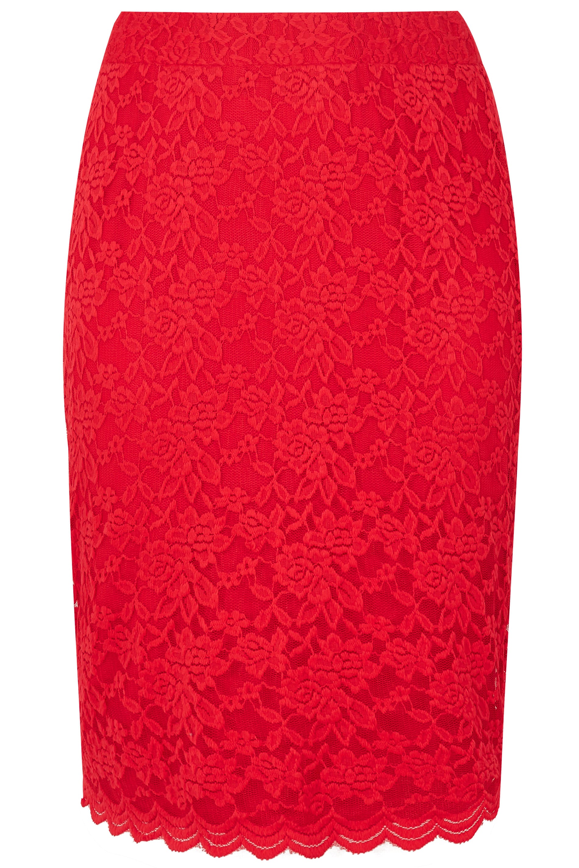 YOURS LONDON Red Stretch Lace Pencil Skirt With Scalloped Hem, plus ...