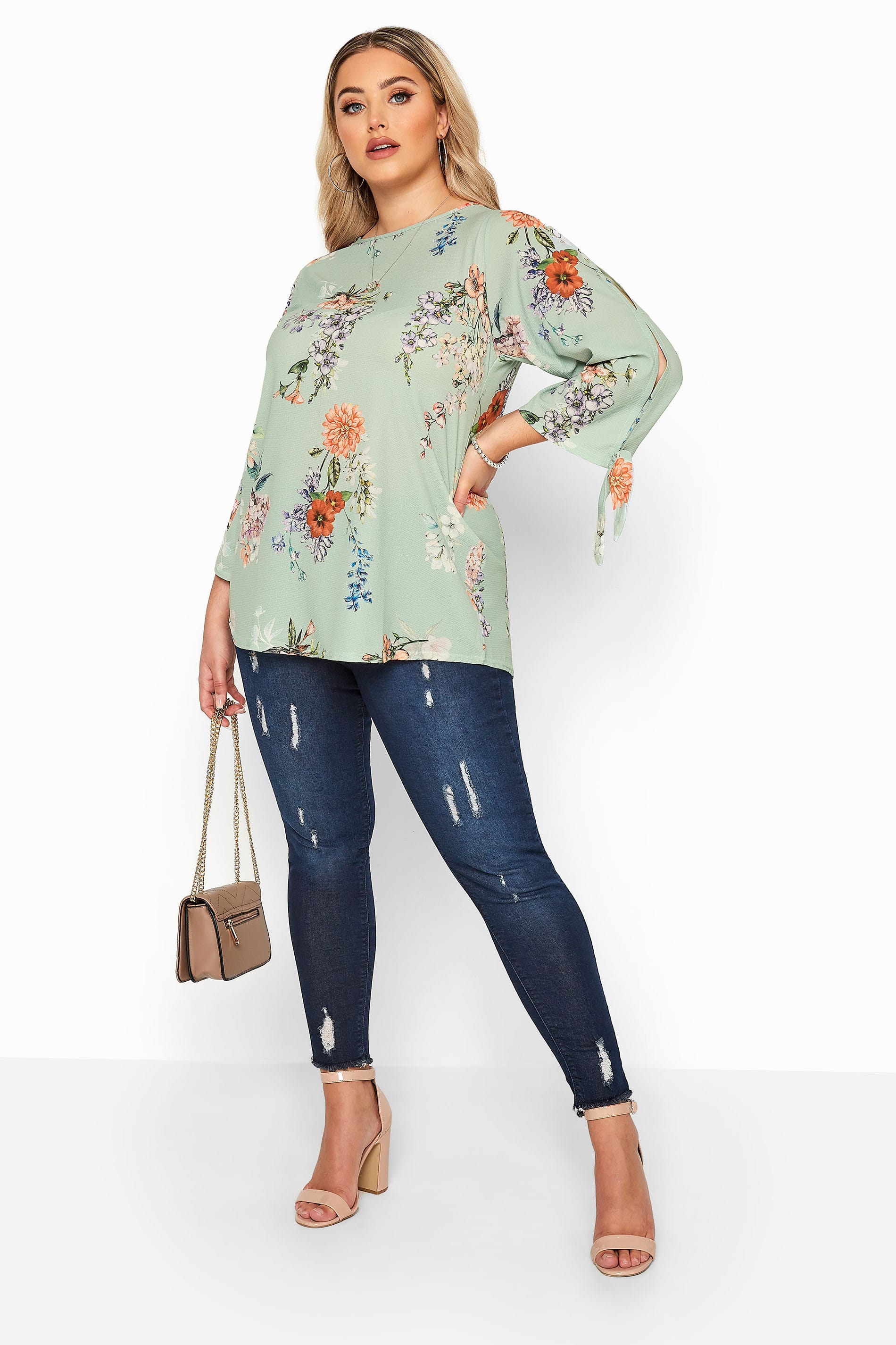 YOURS LONDON Sage Green Floral Split Sleeve Top | Yours Clothing 2