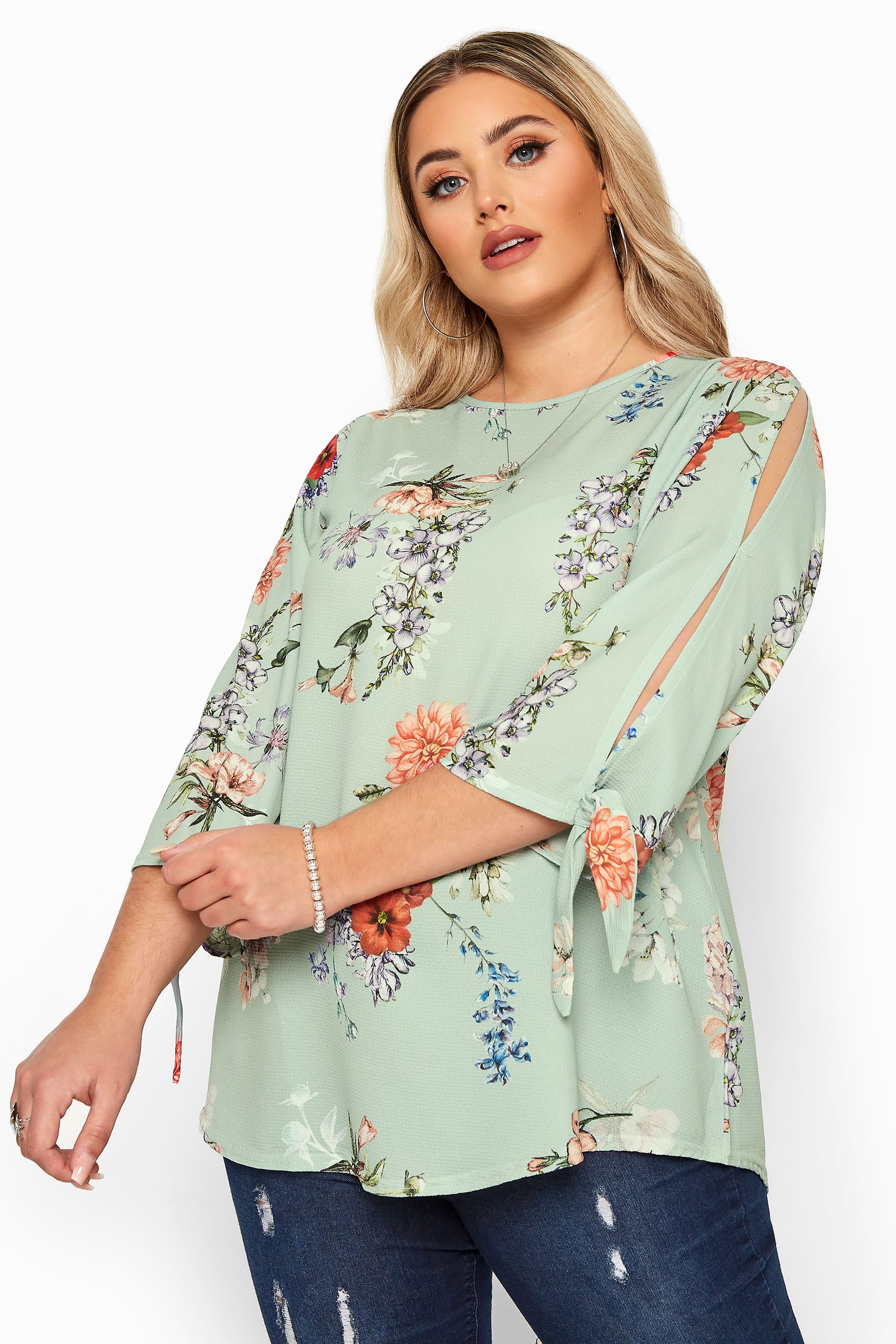 YOURS LONDON Sage Green Floral Split Sleeve Top | Yours Clothing 1