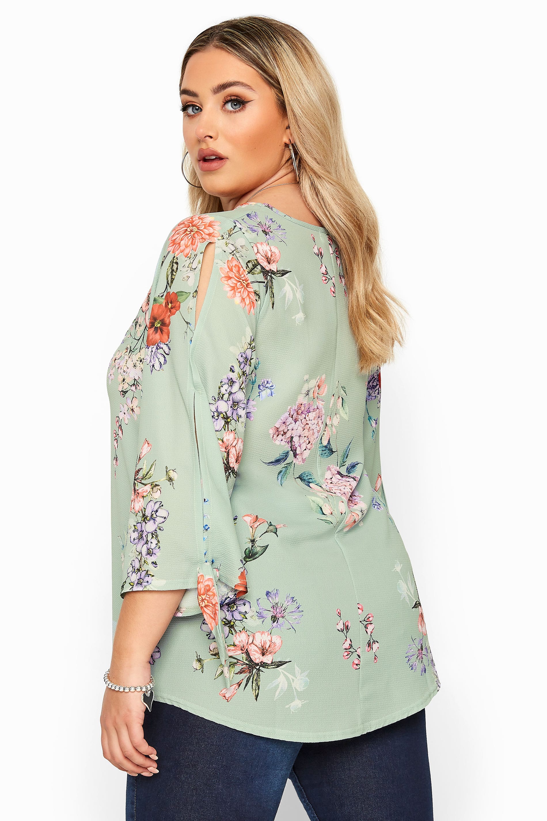 YOURS LONDON Sage Green Floral Split Sleeve Top | Yours Clothing 3