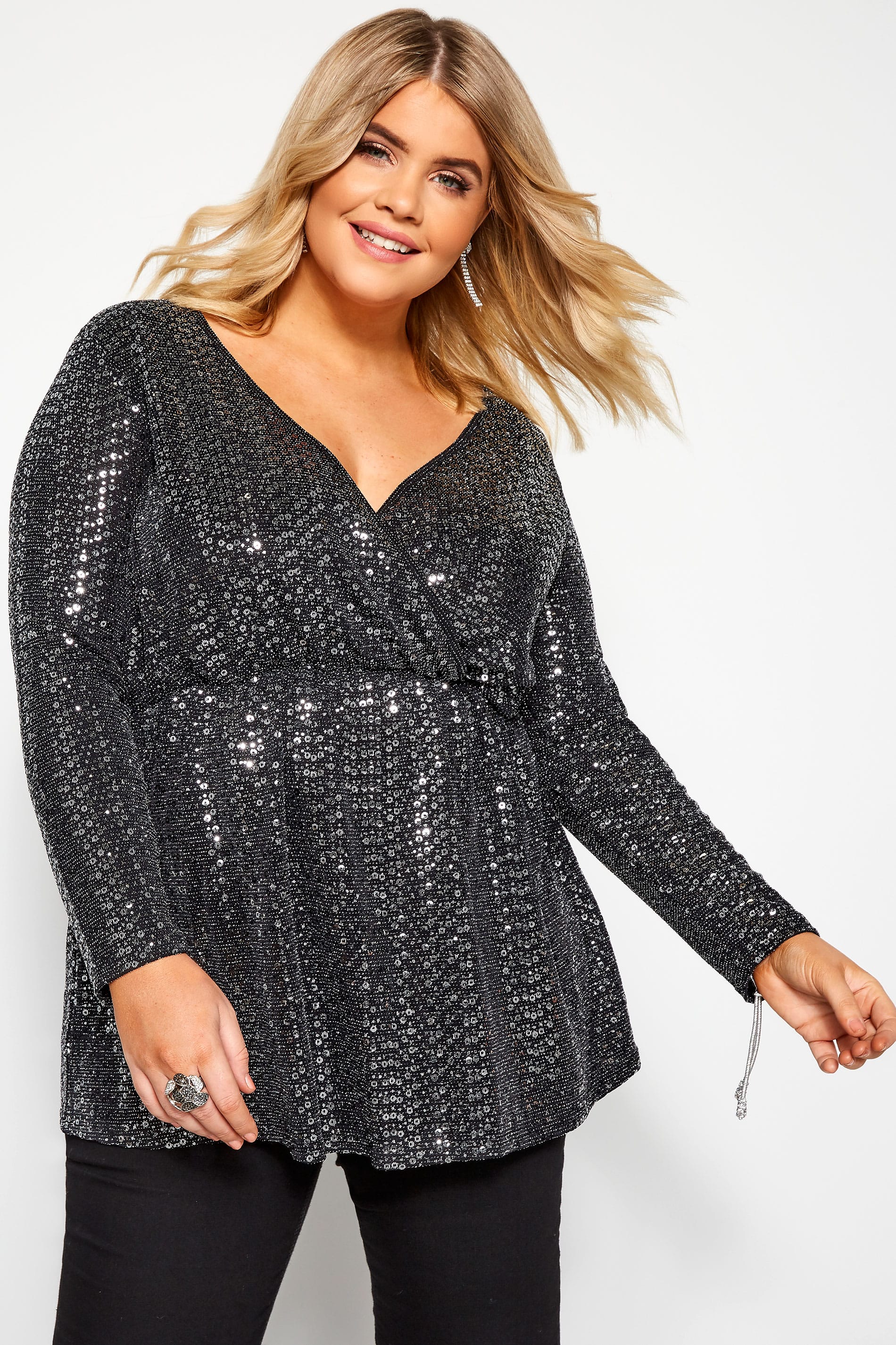 YOURS LONDON Silver Sequin Wrap Top | Yours Clothing