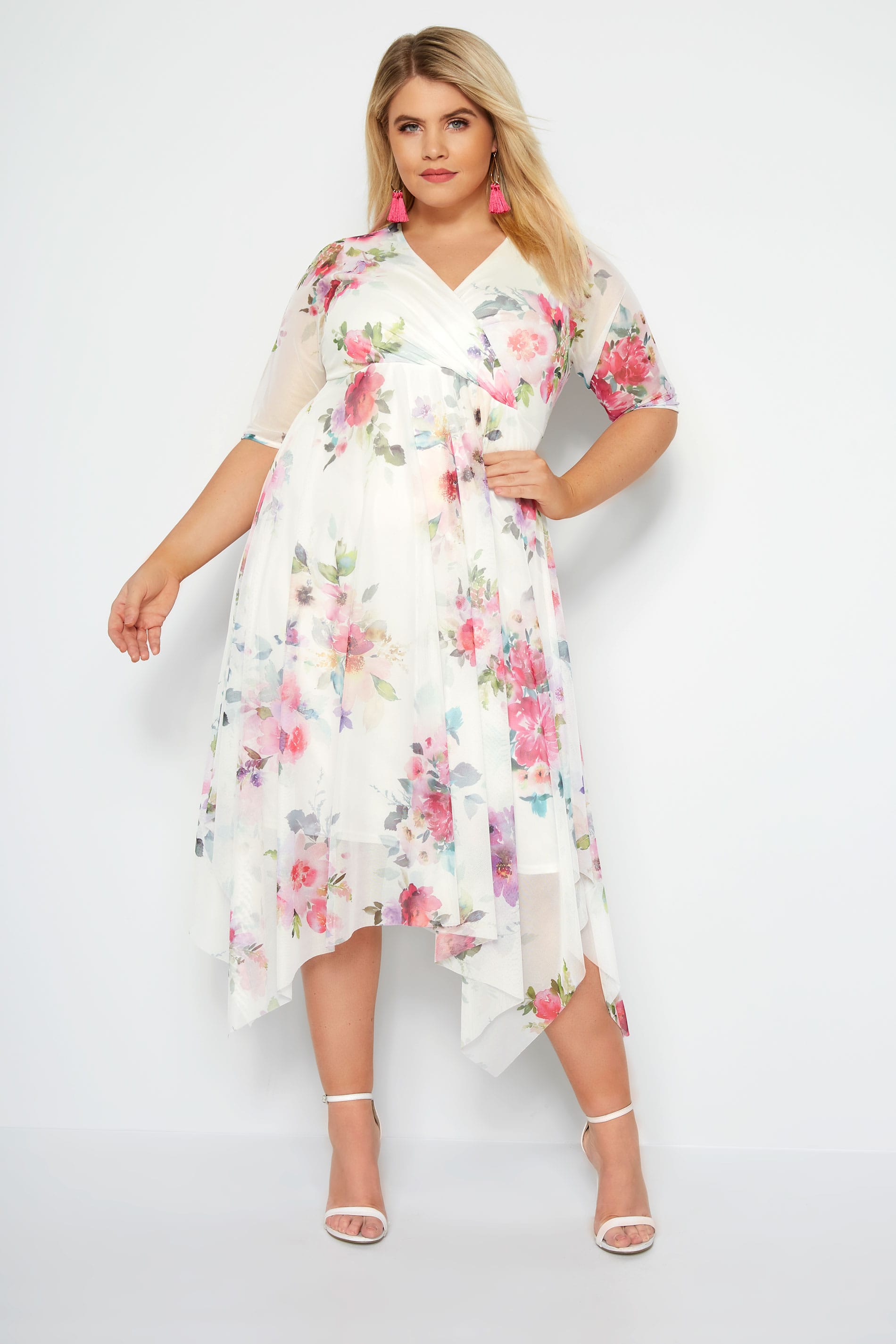 Yours London White Floral Mesh Midi Dress With Hanky Hem Plus Size 16 To 32 Yours Clothing