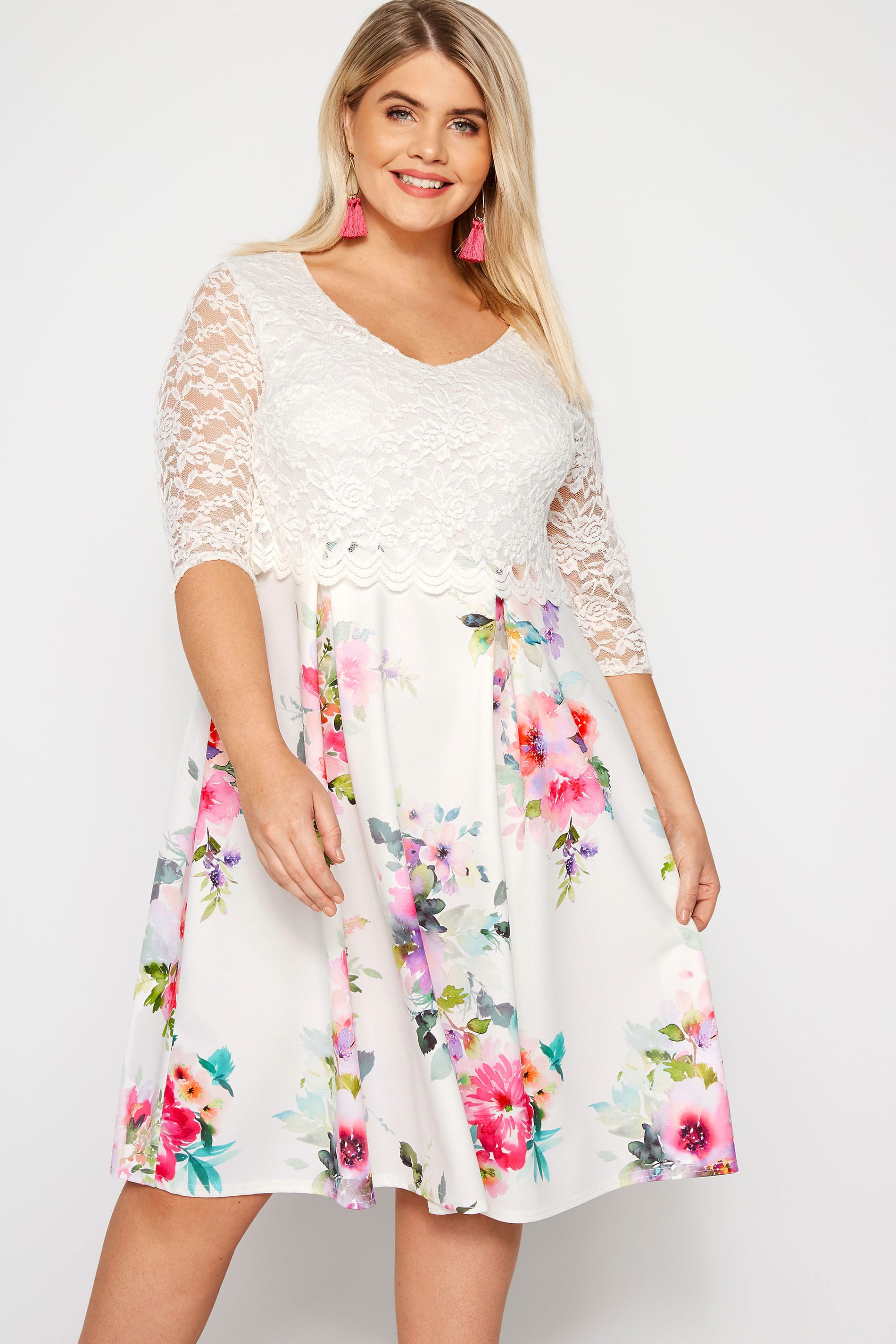 YOURS LONDON White Floral Midi Dress with Lace Overlay | Plus Size 16 ...