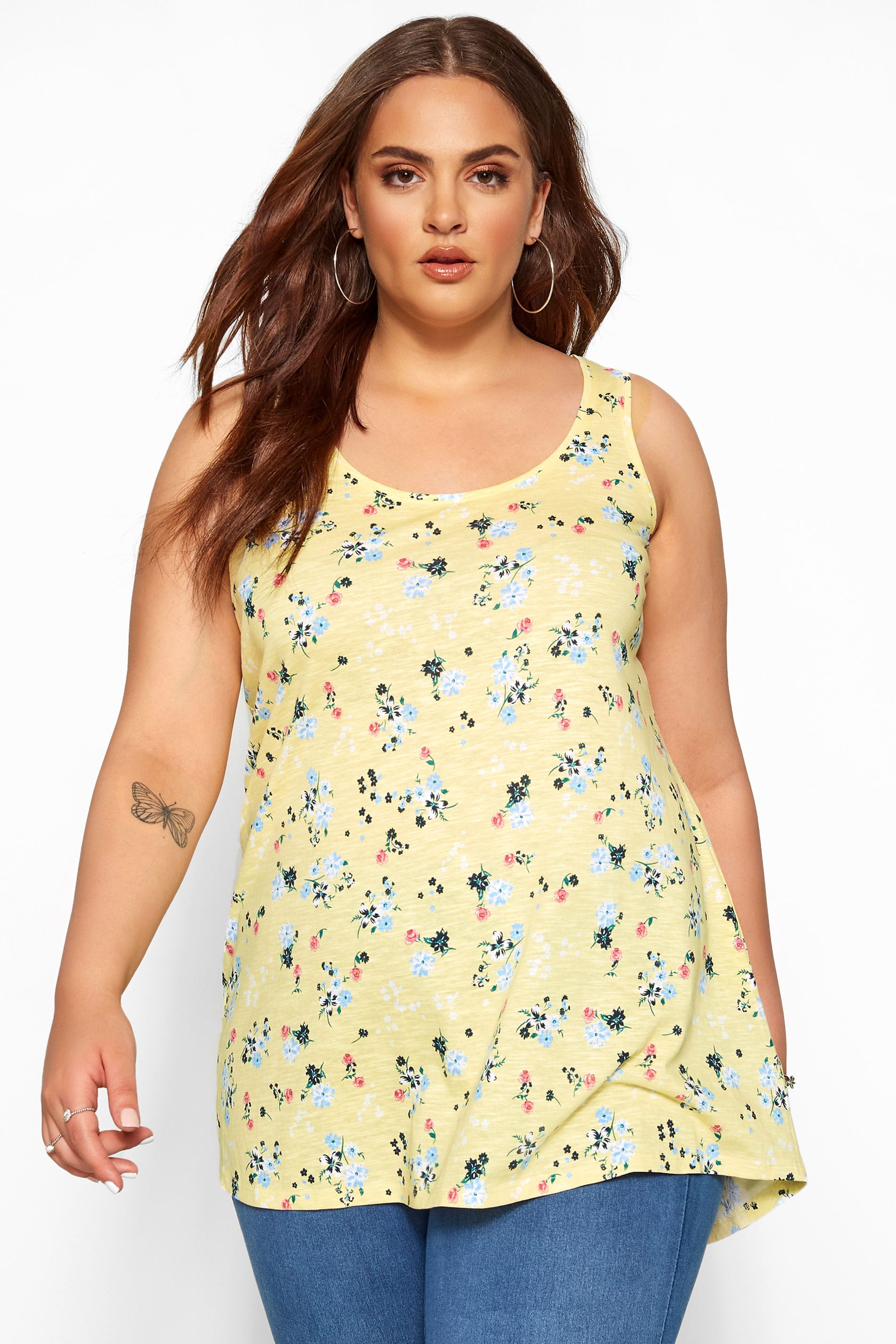 Yellow Floral Print Swing Vest Top | Yours Clothing