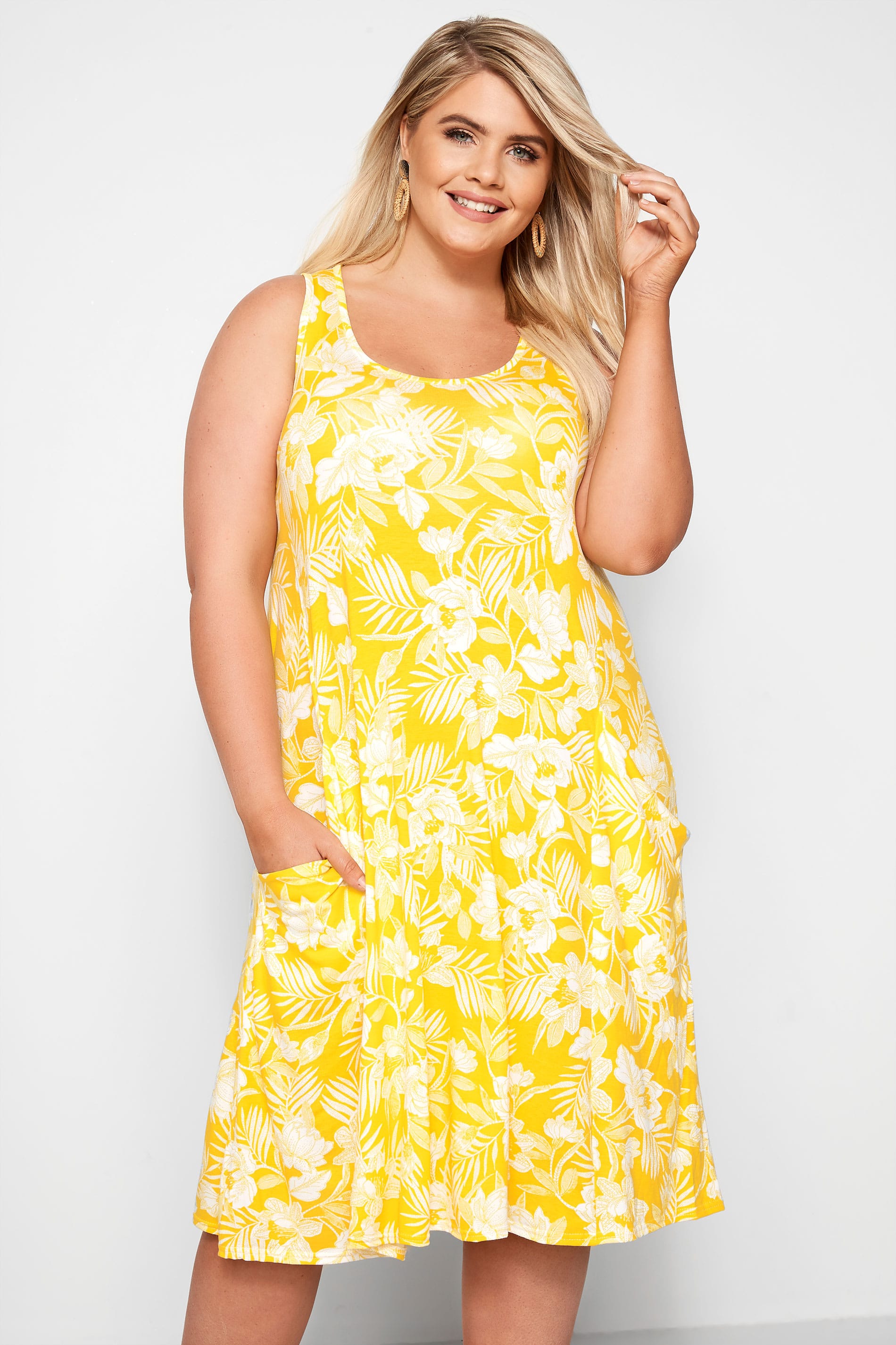 Yellow Sleeveless Floral Drape Pocket Dress | Sizes 16 to 36 | Yours ...