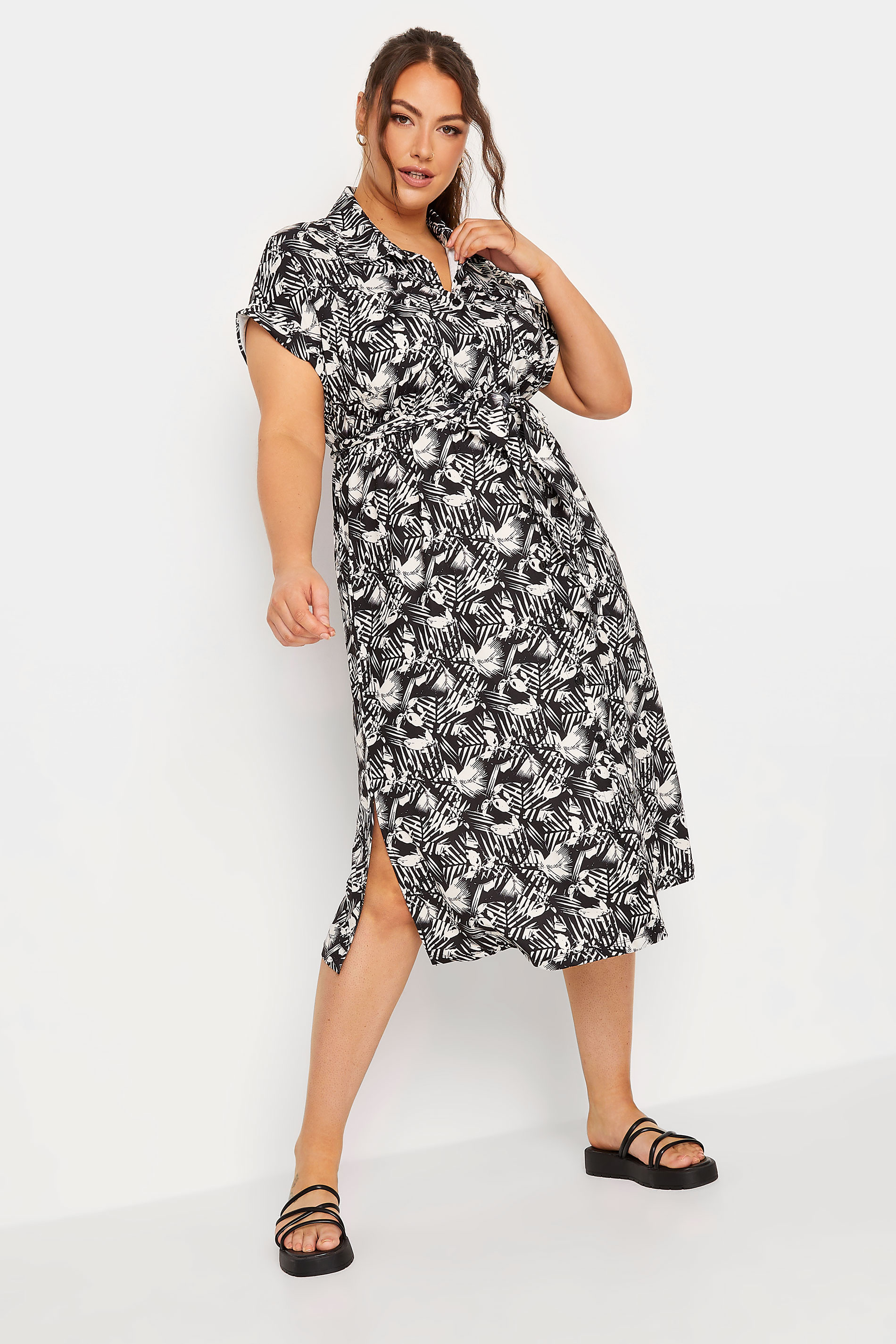 Plus Size Black & White Leaf Print Spilt Hem Midaxi Shirt Dress | Yours Clothing 2