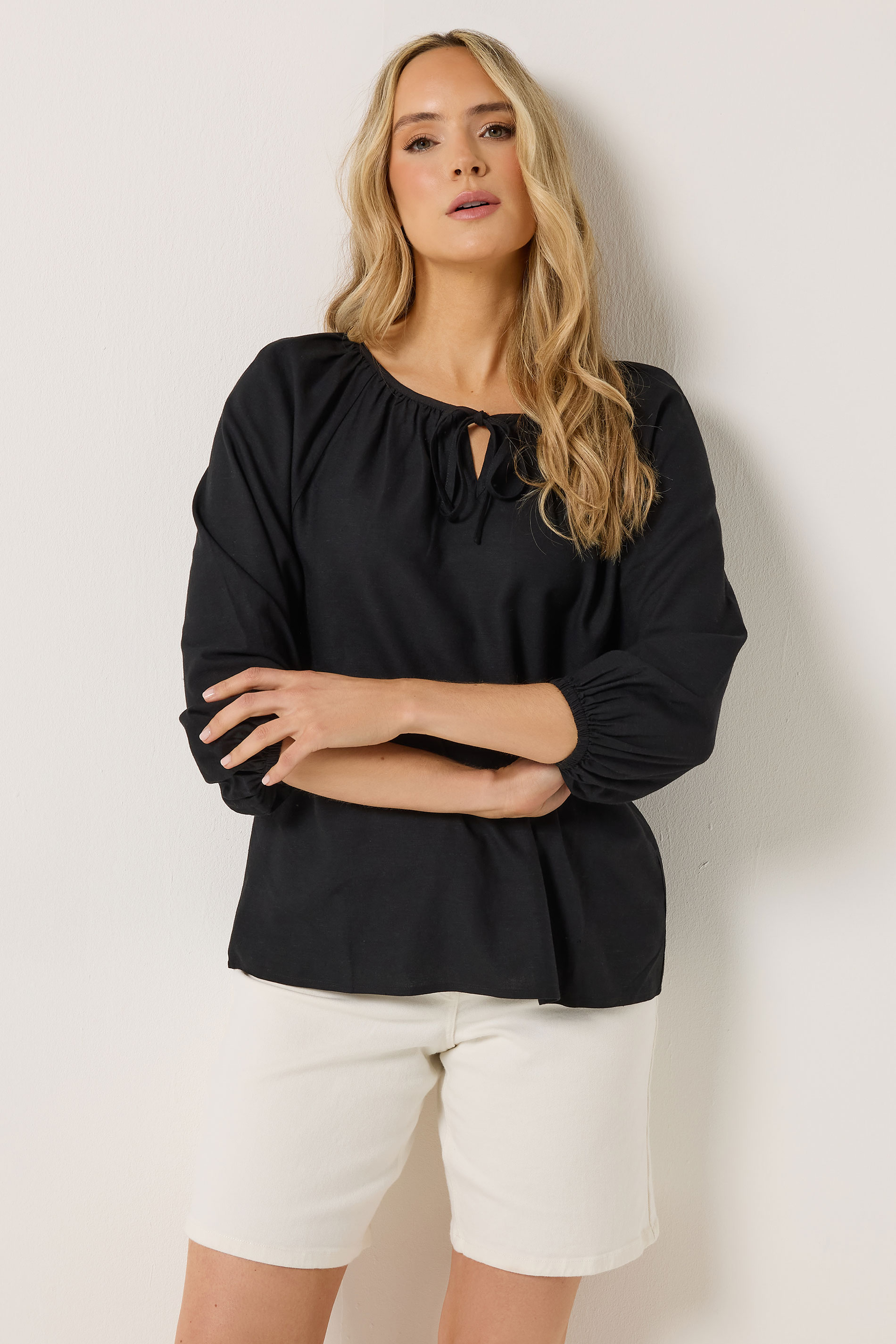 LTS Tall Women's Black Tie Front Linen Blouse | Long Tall Sally 2