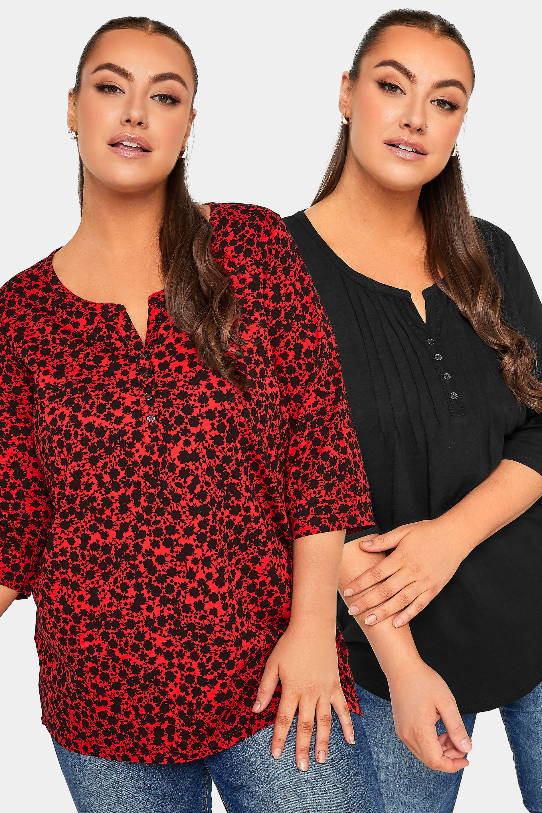 YOURS Plus Size 2 PACK Black & Red Ditsy Floral Pintuck Henley Tops | Yours Clothing 1