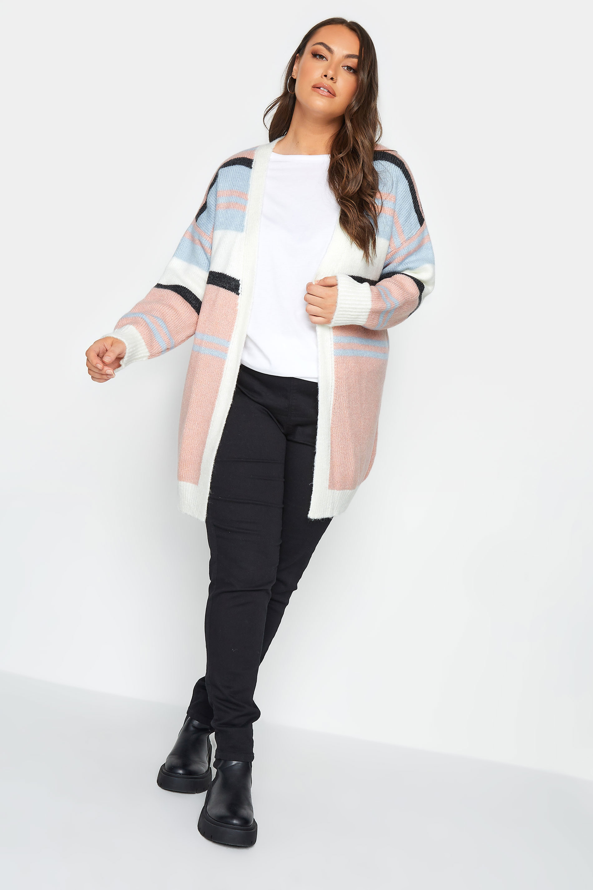 YOURS Plus Size Pink Colour Block Striped Cardigan | Yours Clothing 2