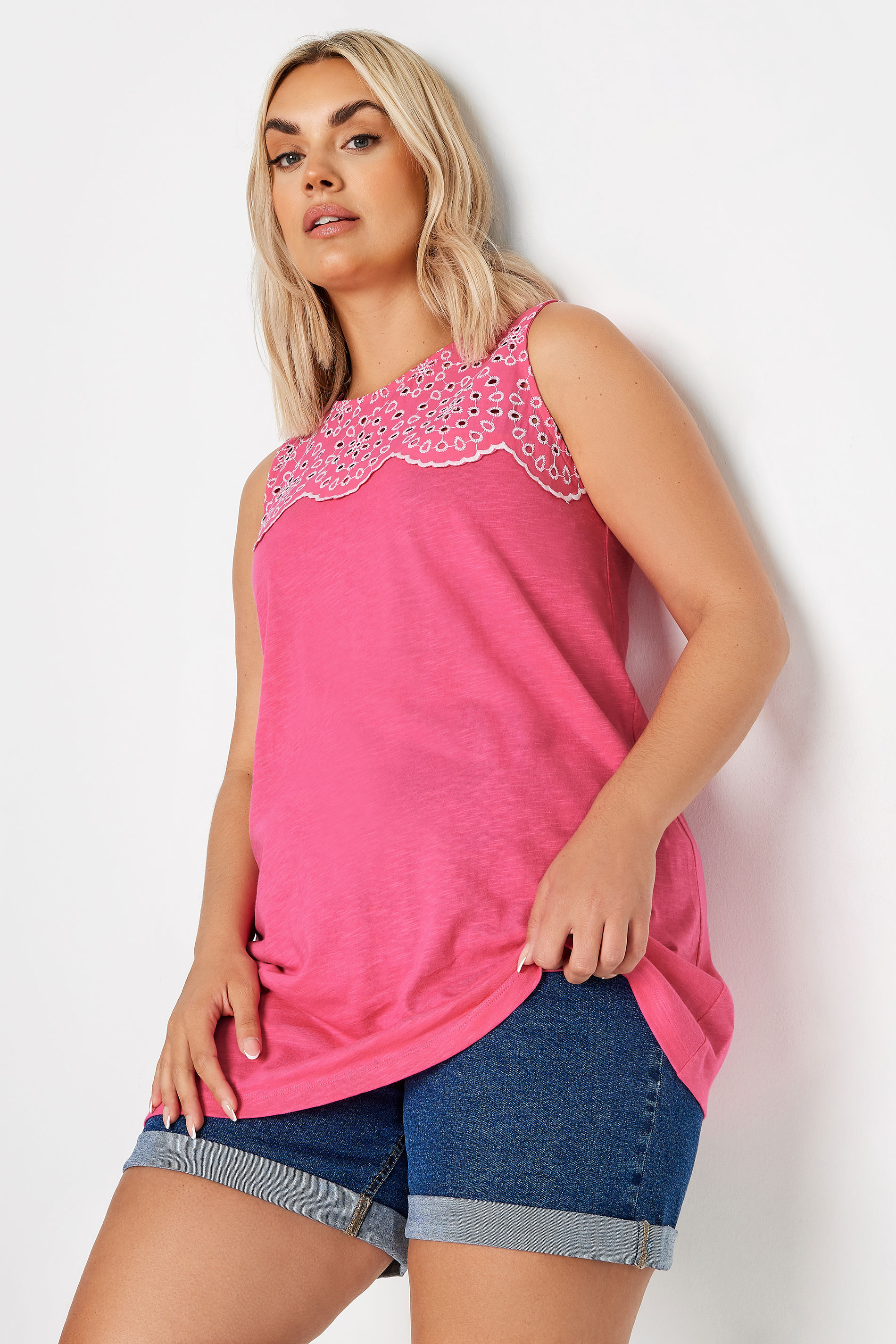 YOURS Plus Size Pink Broderie Anglaise Detail Vest Top | Yours Clothing 1