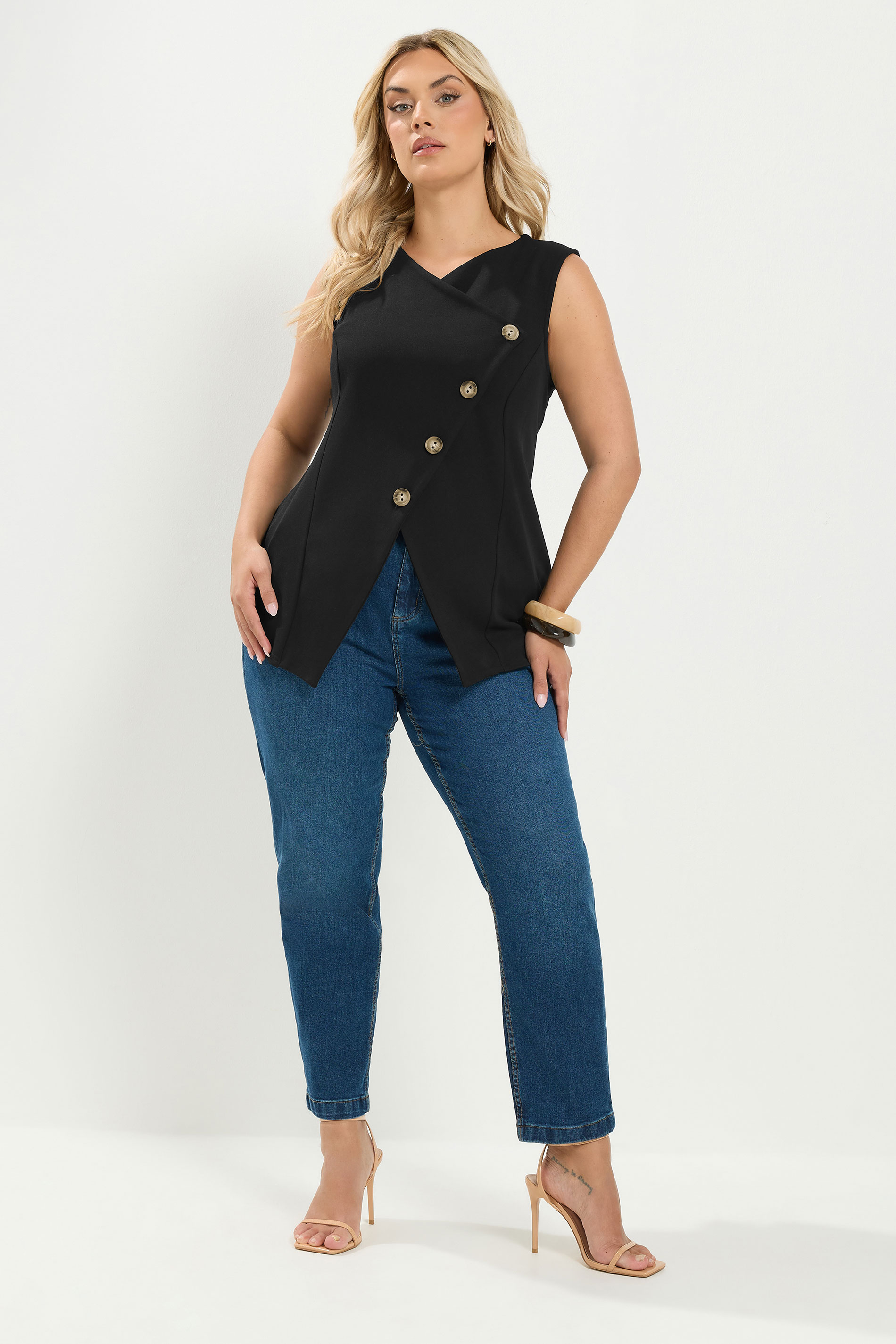 YOURS Plus Size Black Asymmetric Button Waistcoat | Yours Clothing 1