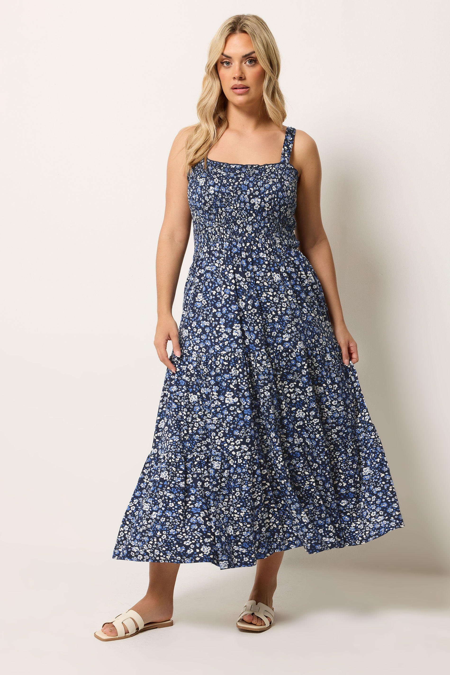 YOURS Plus Size Blue Ditsy Floral Shirred Midi Dress | Yours Clothing 1