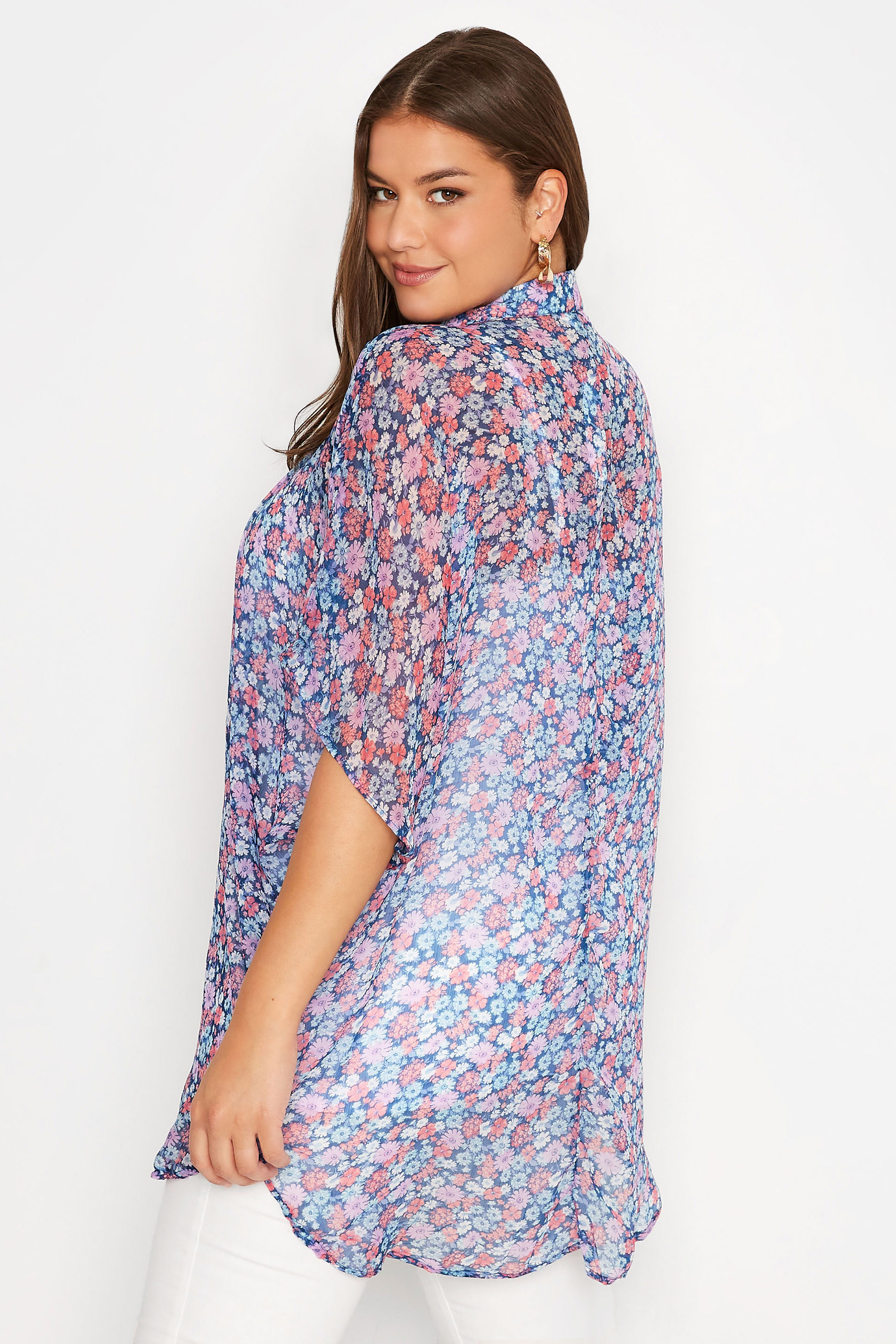 Plus Size Blue Floral Print Batwing Blouse | Yours Clothing  3