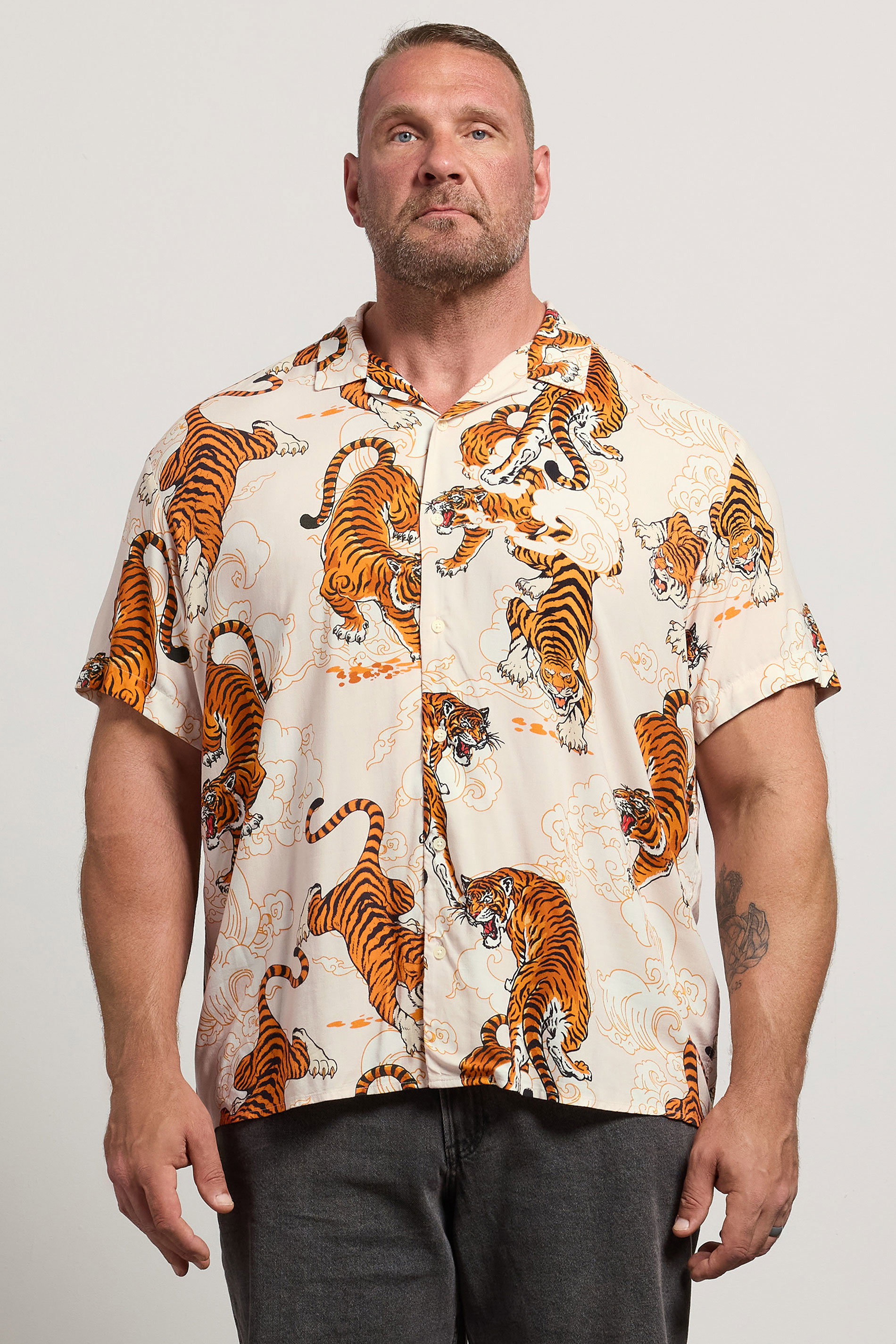 JACK & JONES Big & Tall Cream Tiger Print Resort Shirt | Badrhino 3