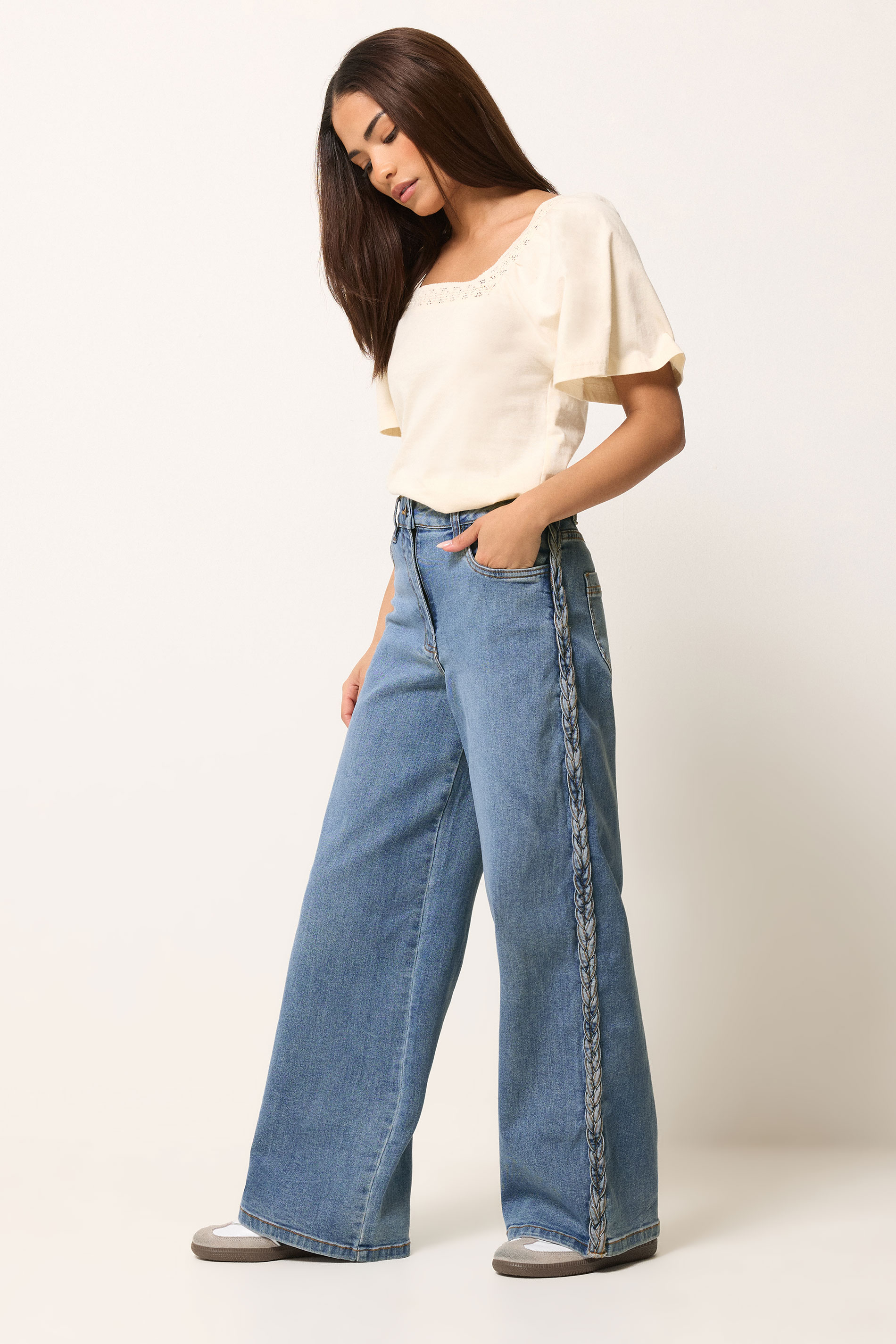 PixieGirl Petite Women's Mid Blue Plait Detail Wide Leg Jeans | PixieGirl 1