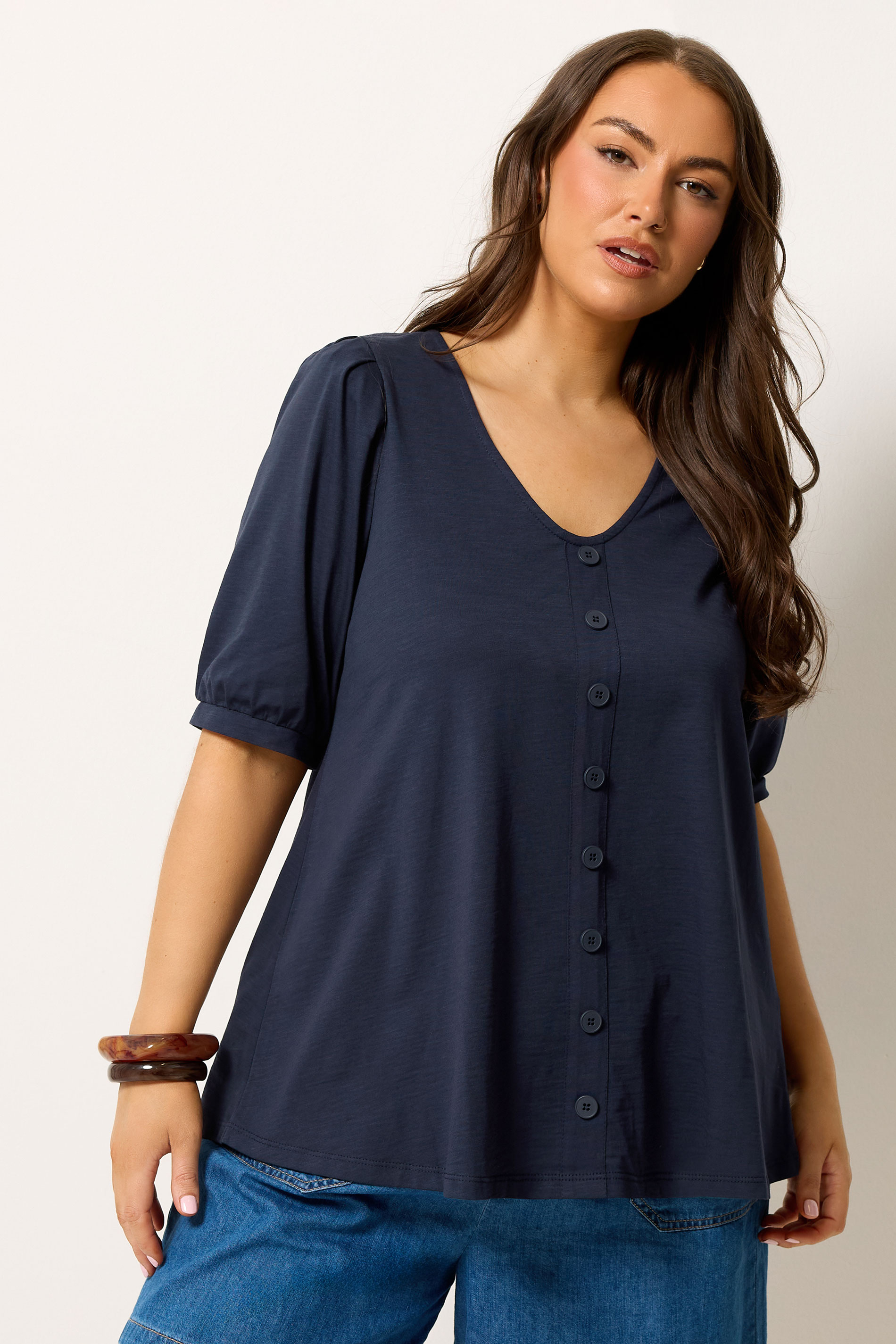 YOURS Plus Size Navy Blue Button Front Puff Sleeve Top | Yours Clothing  3