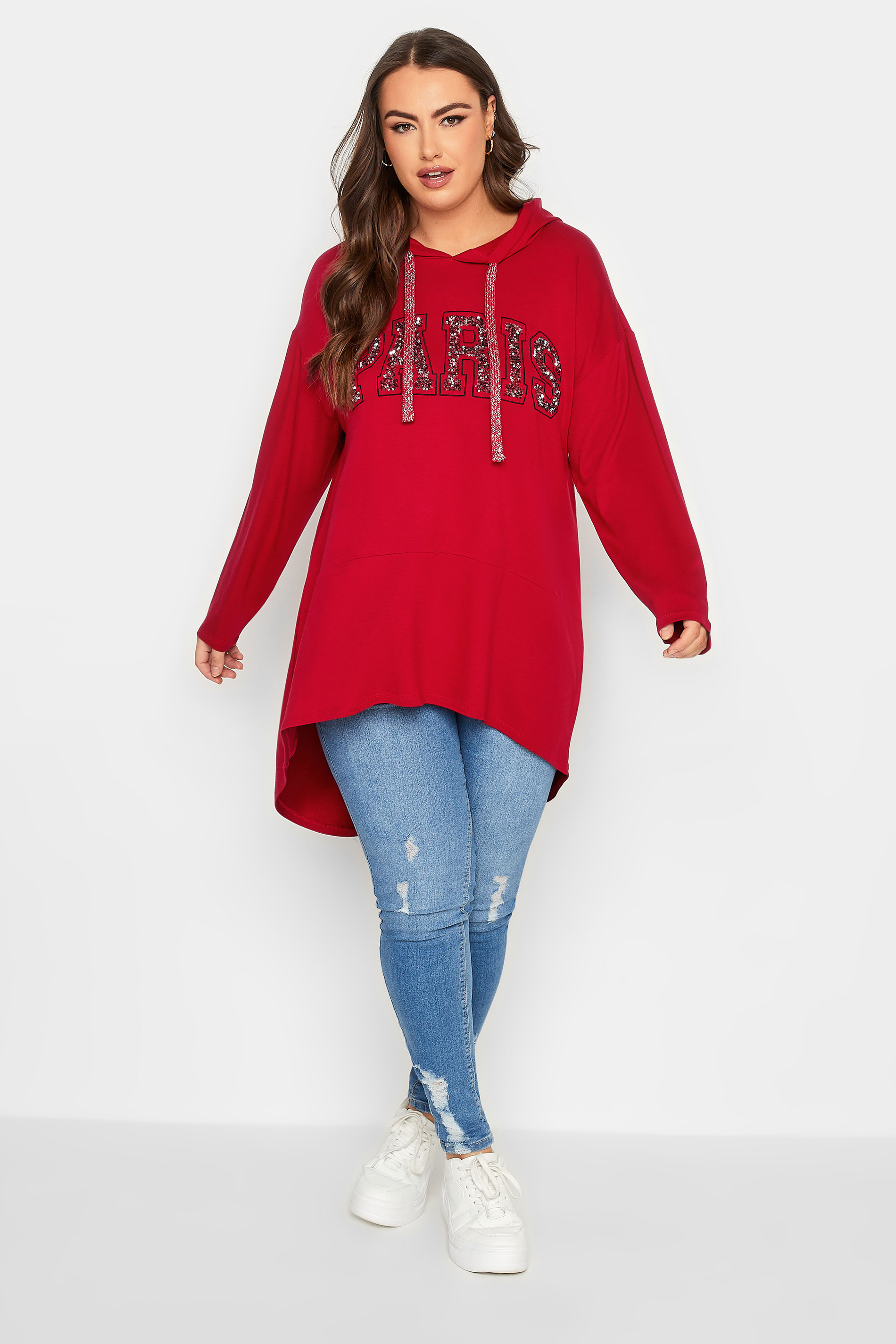 YOURS Plus Size Curve Dark Red 'Paris' Slogan Longline Hoodie | Yours Clothing  2