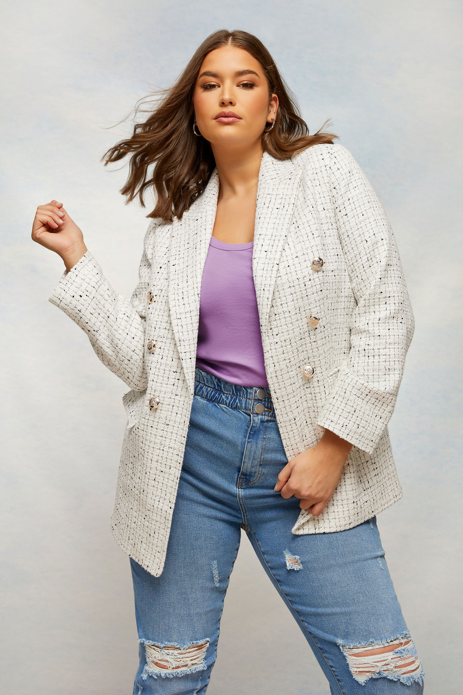 YOURS Plus Size White Check Boucle Blazer | Yours Clothing 1