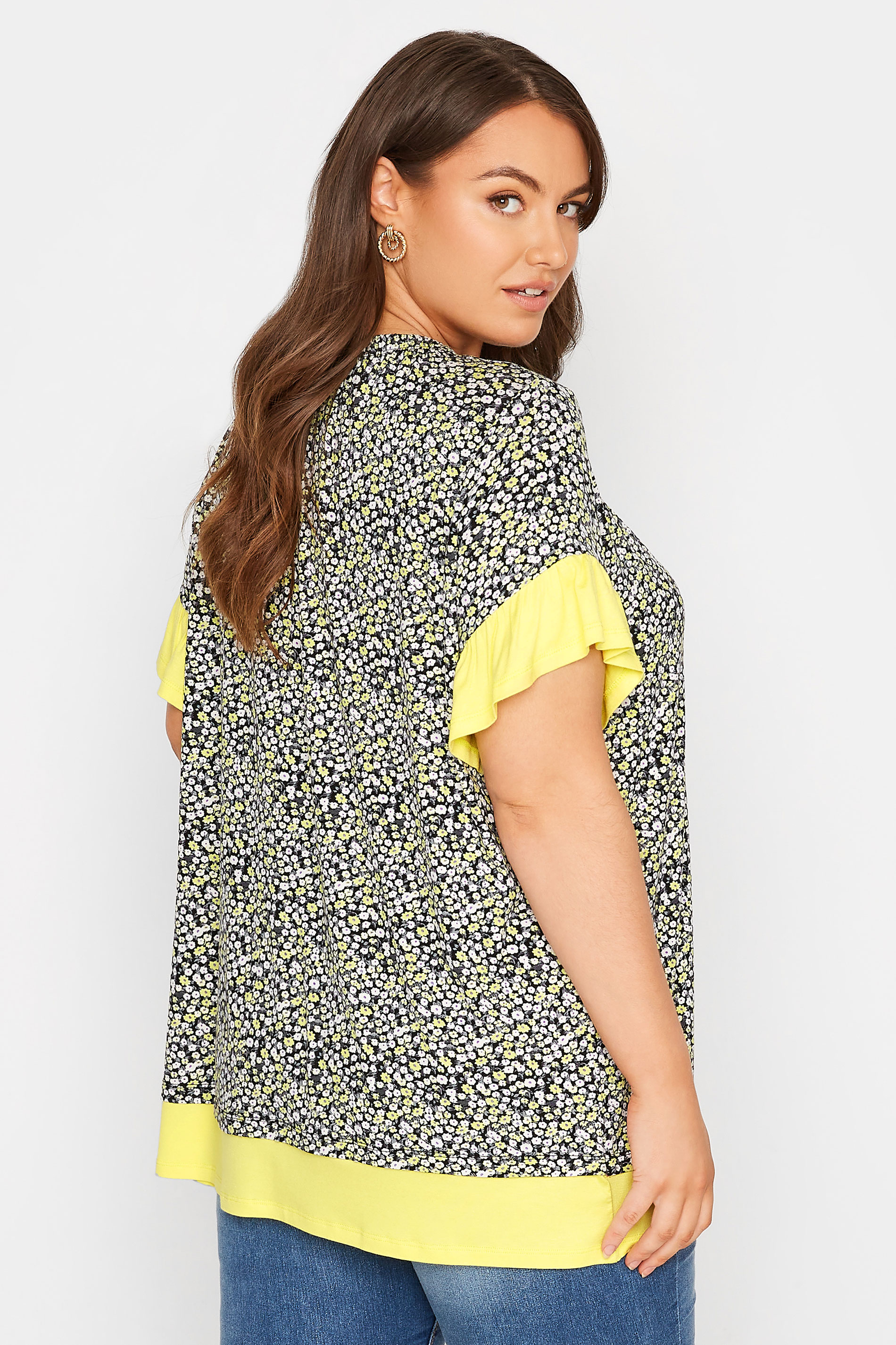 Plus Size Yellow Ditsy Print Contrast Trim Tunic Top | Yours Clothing 3