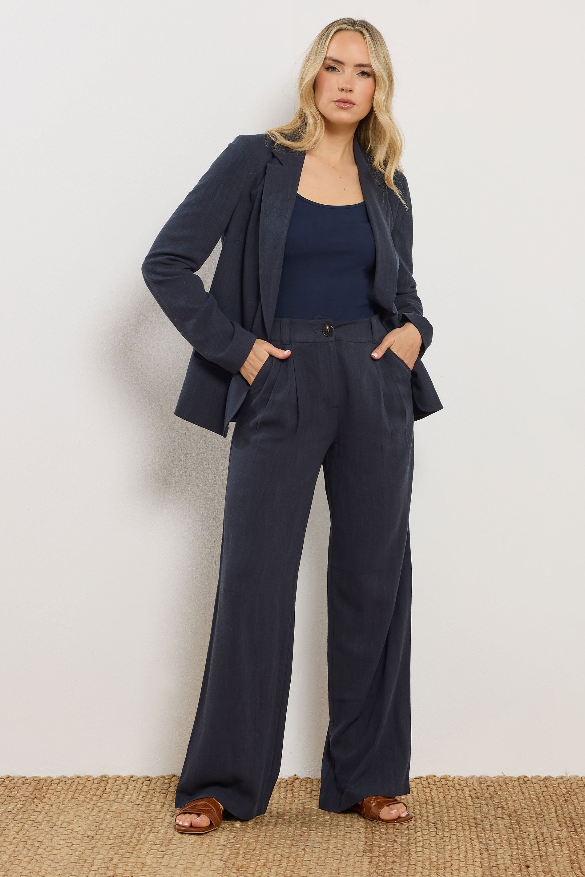 LTS Tall Women's Navy Blue Linen Pleated Wide Leg Trousers | Long Tall Sally 3