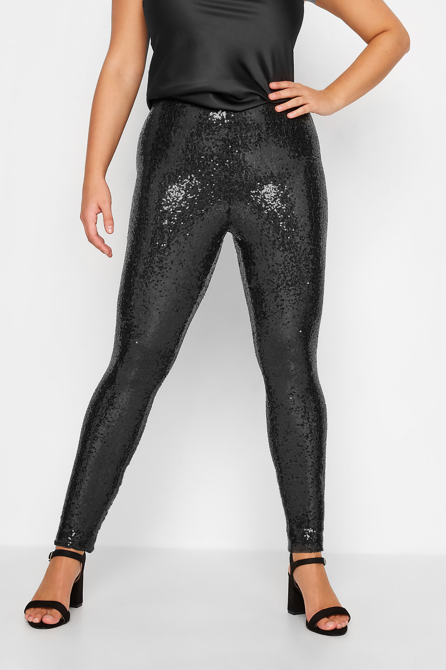 Plus Size Black Sequin Stretch Leggings | Yours Clothing 1