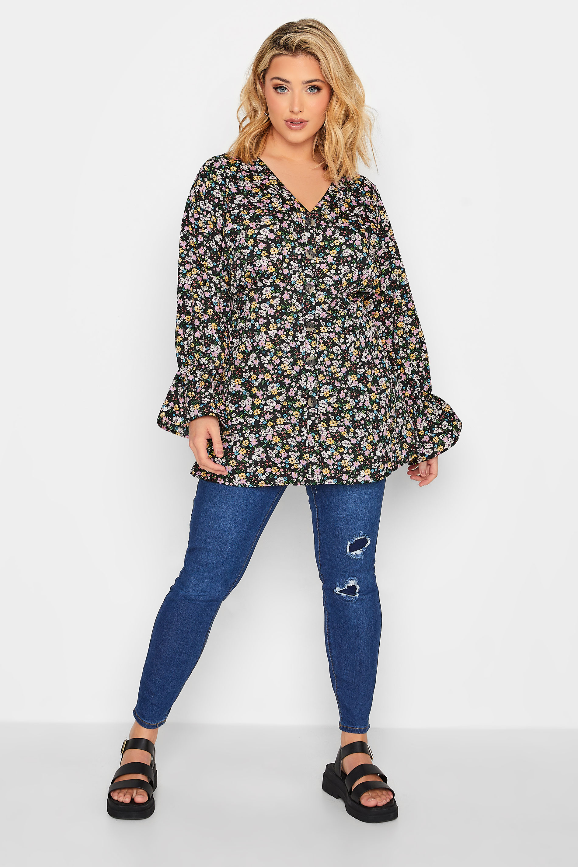 LIMITED COLLECTION Plus Size Black Ditsy Print Flare Sleeve Blouse | Yours Clothing 2