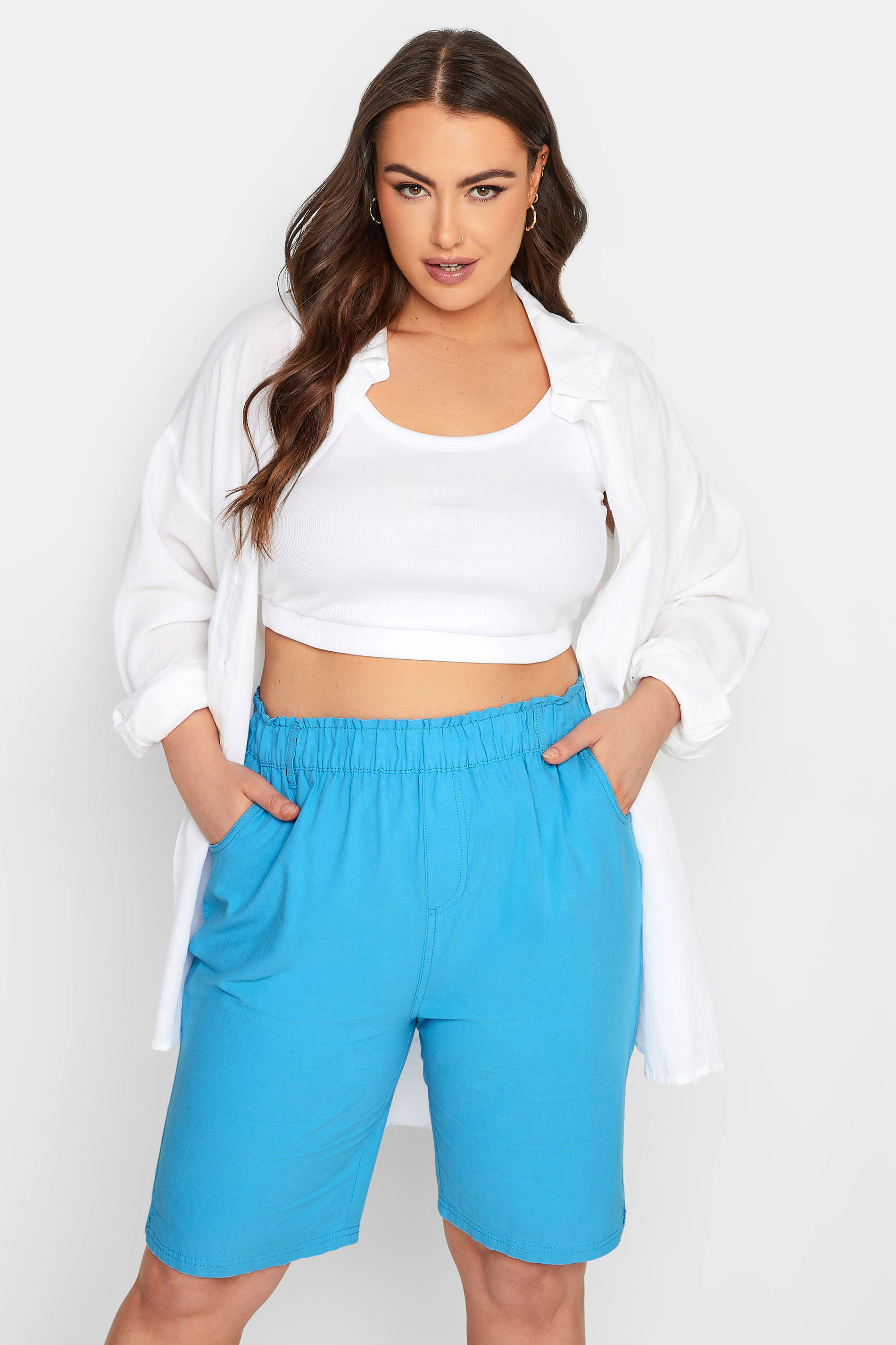 YOURS Curve Plus Size Blue Cotton Shorts | Yours Clothing  1