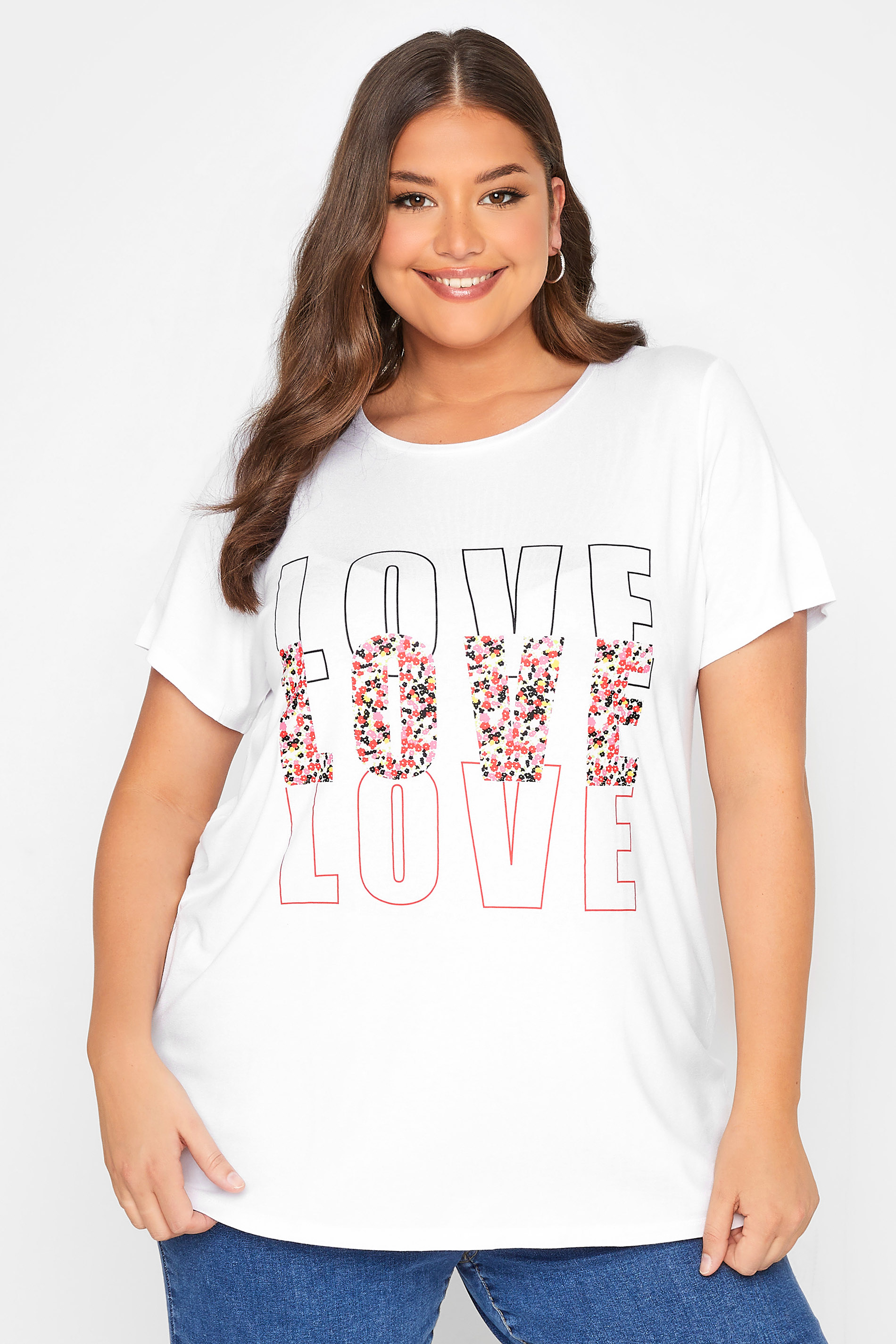 Plus Size White Floral Print 'Love' Slogan T-Shirt | Yours Clothing  1