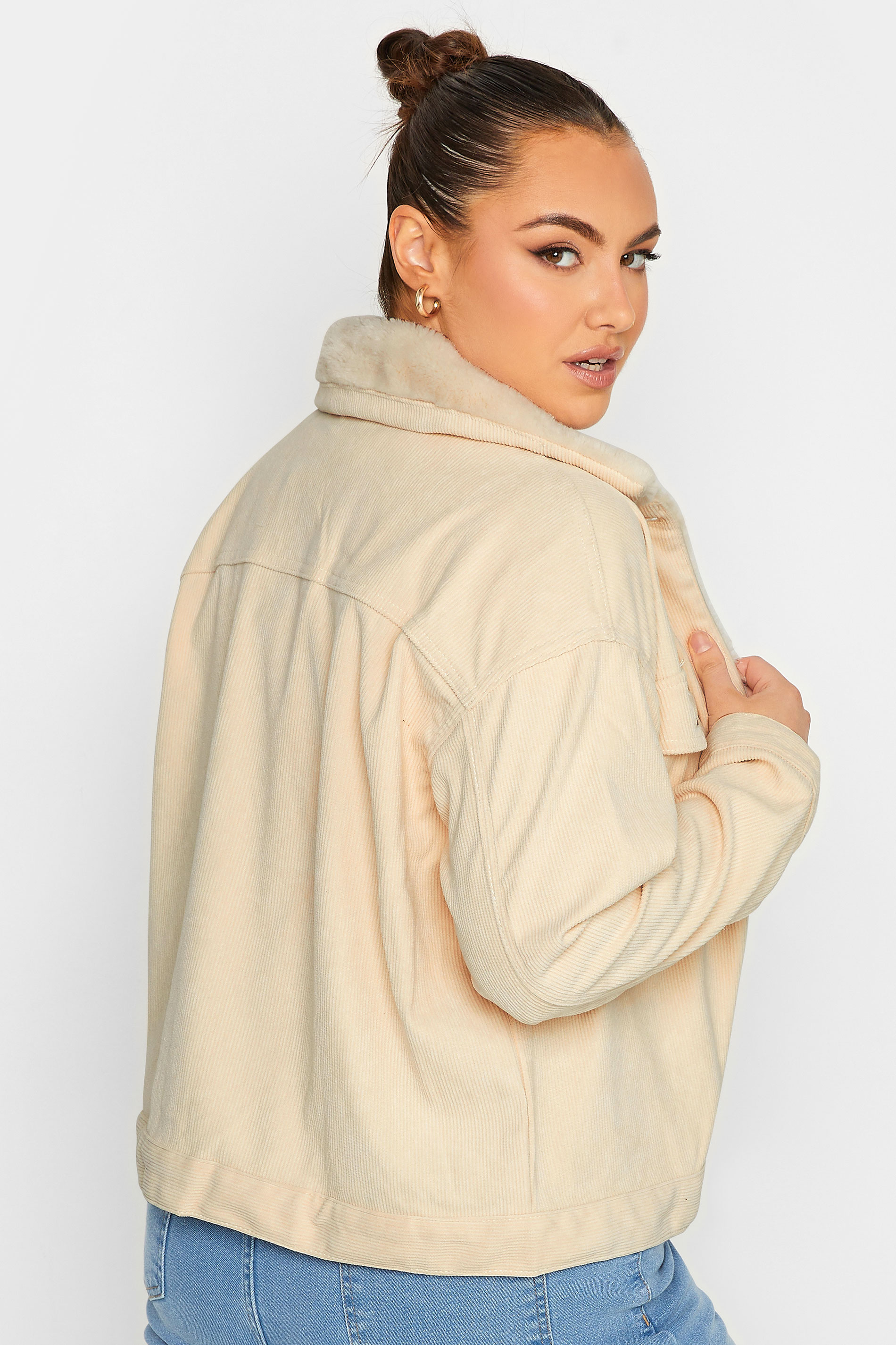 LIMITED COLLECTION Plus Size Cream Fur Collar Cord Jacket | Yours Clothing  3