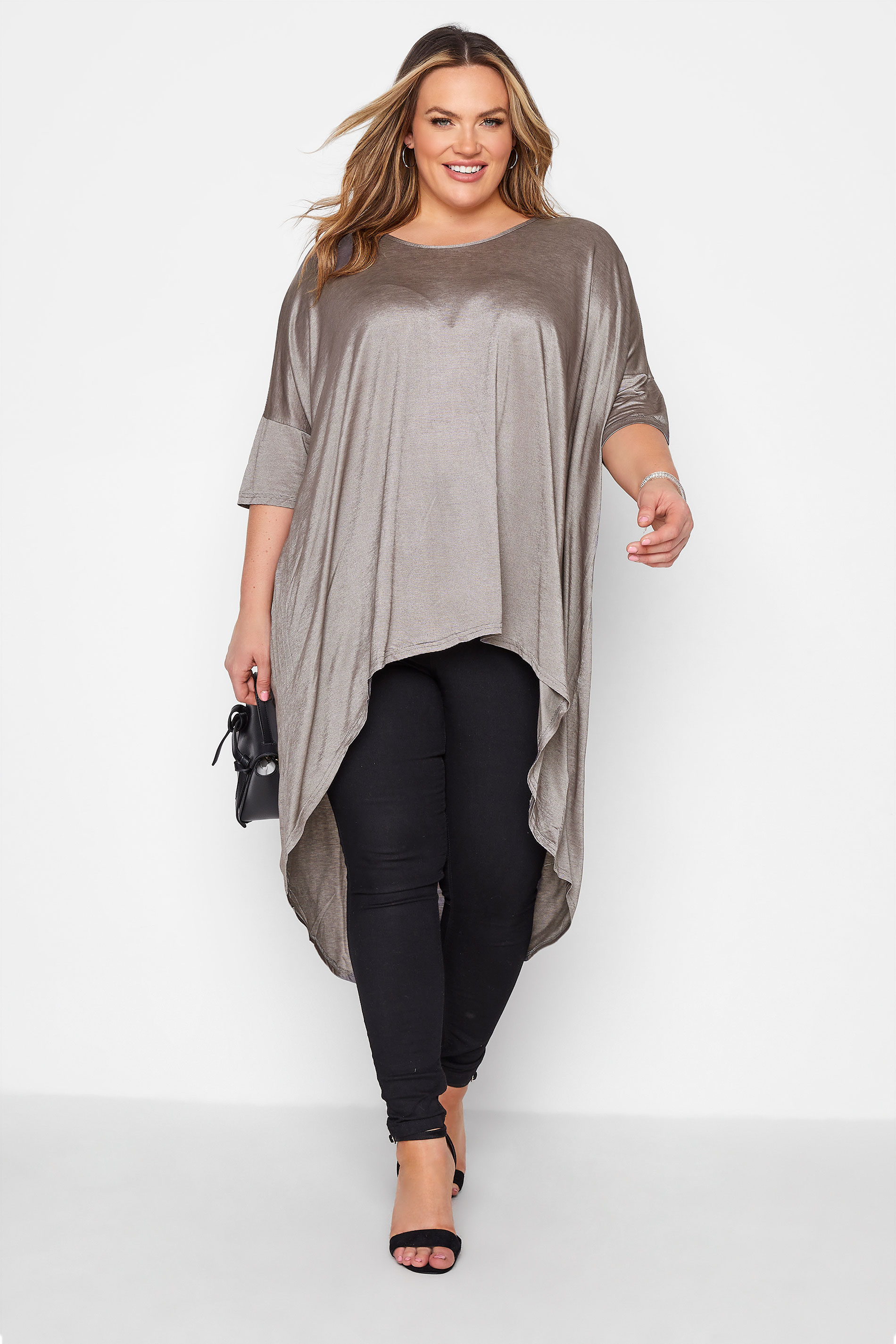 Grande taille  Tops Grande taille  T-Shirts | Curve Silver Metallic Longline Dipped Hem T-Shirt - DO22742