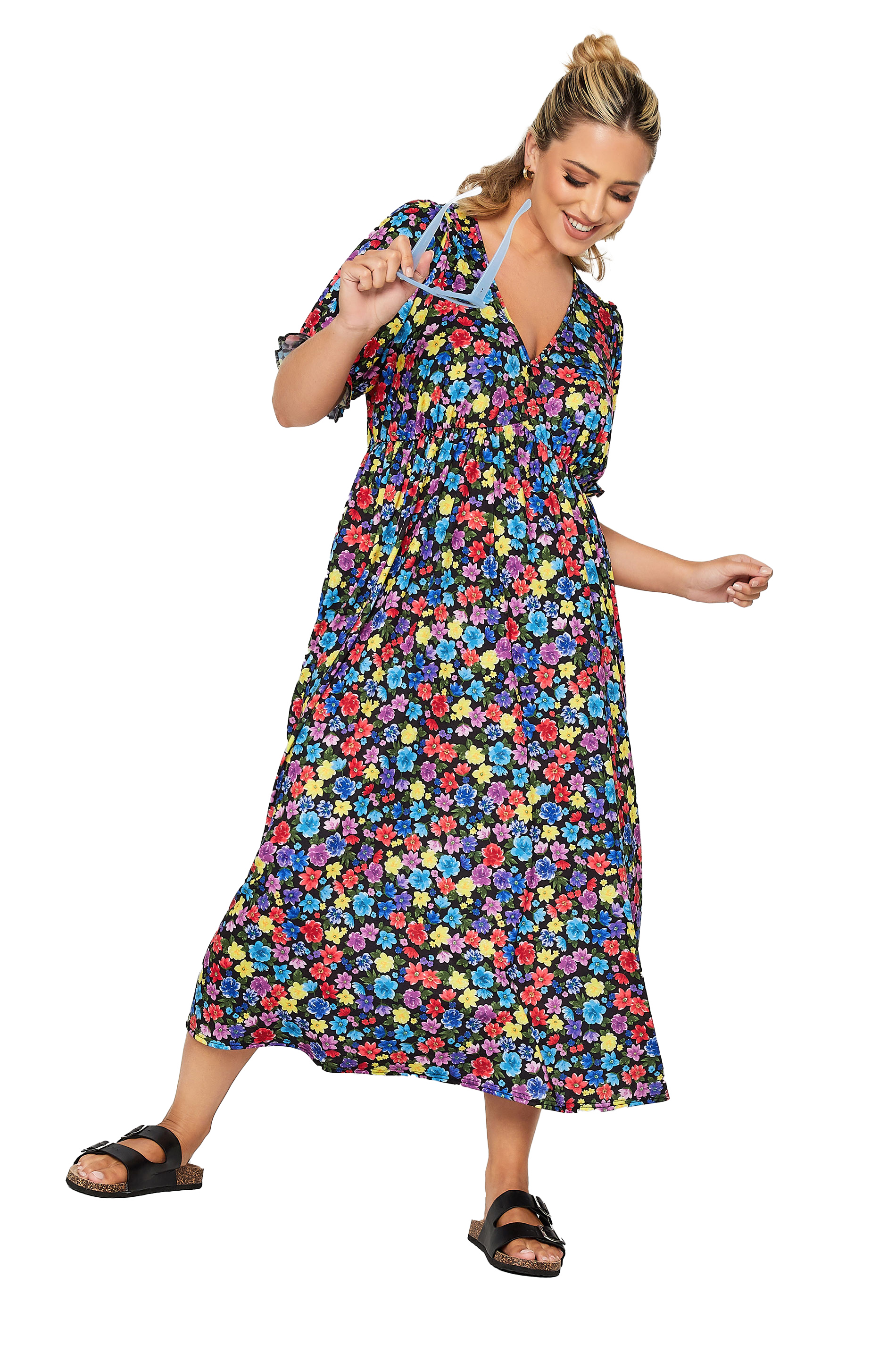 Chi Chi London Curve Plus Size Ruffle Floral Print Midi Dress - Blue |  very.co.uk