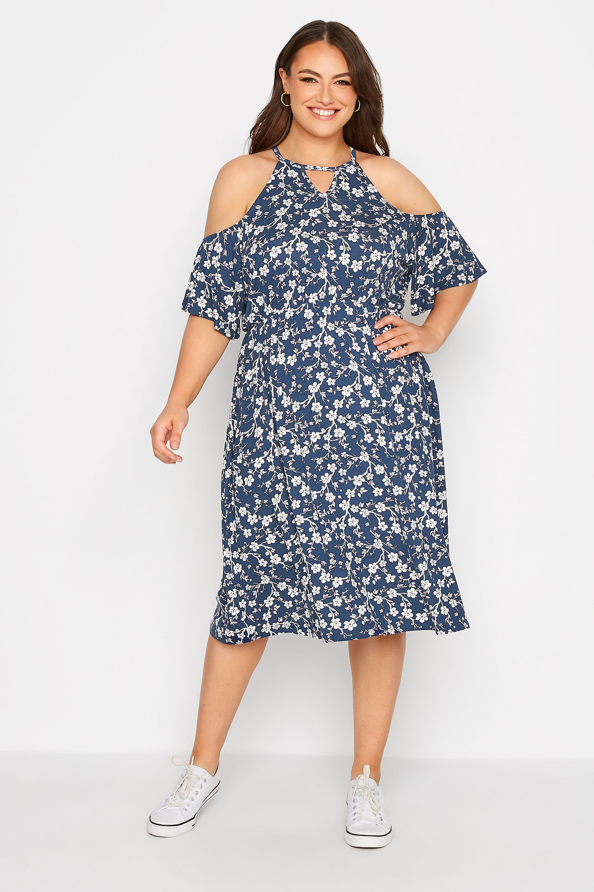 Robes Grande Taille Grande taille  Robes Casual | Curve Blue Floral Cold Shoulder Dress - AS86907