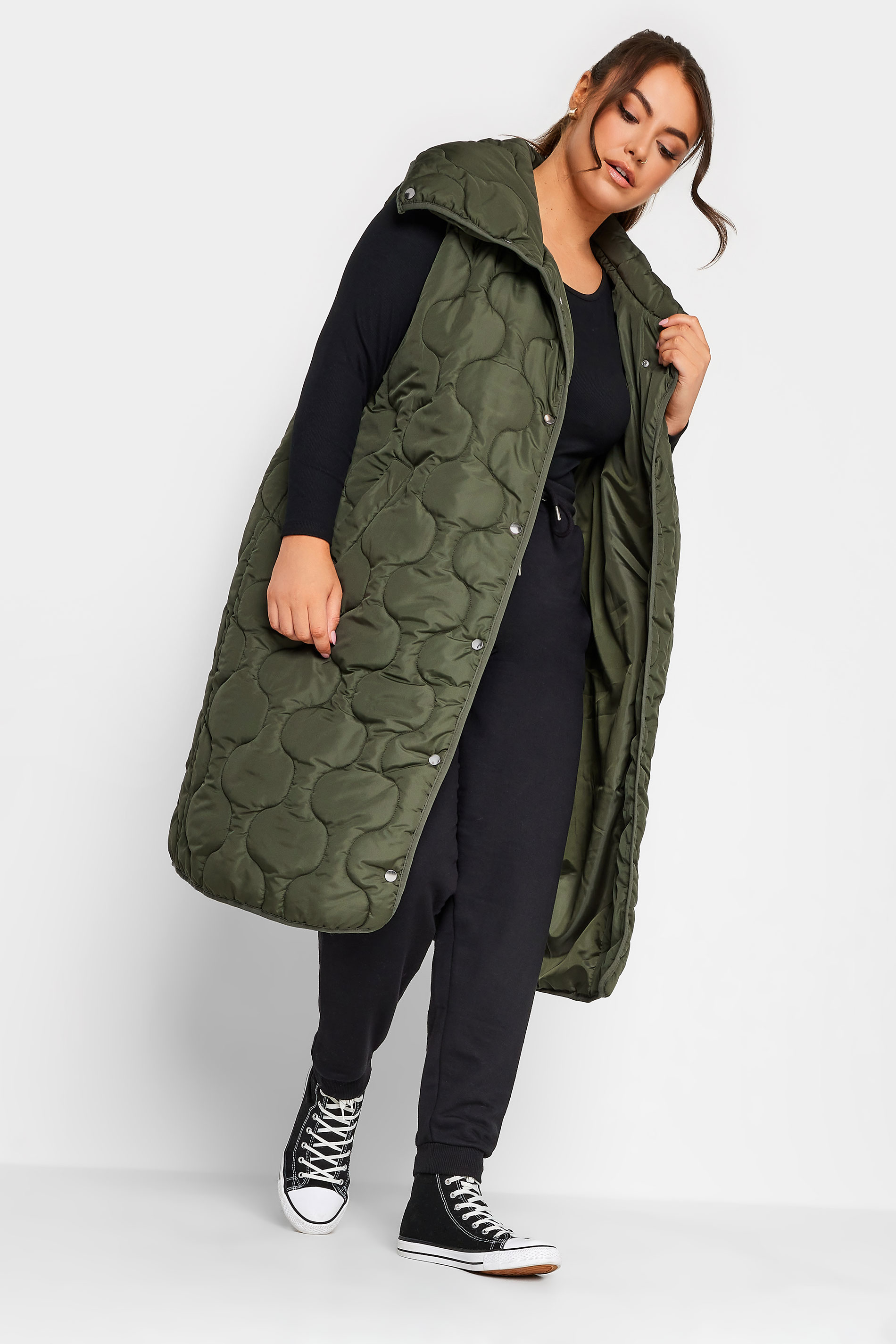 YOURS Plus Size Olive Green Funnel Neck Quilted Longline Gilet | Yours Clothing 2