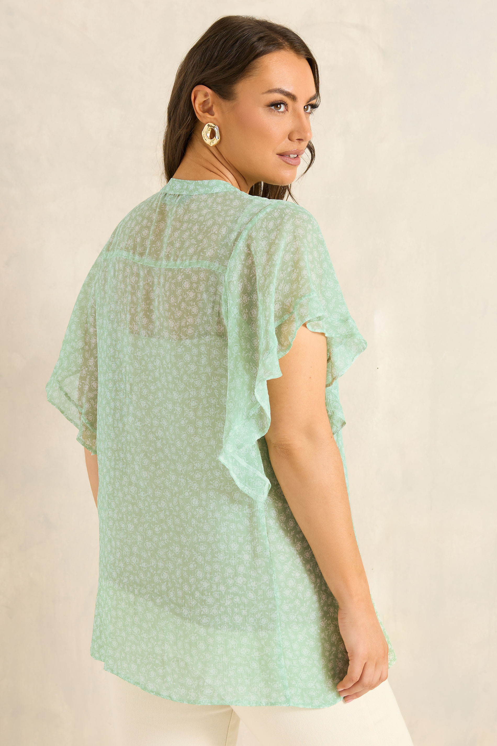 EVANS Curve Green Frill sleeve Blouse | Evans 2