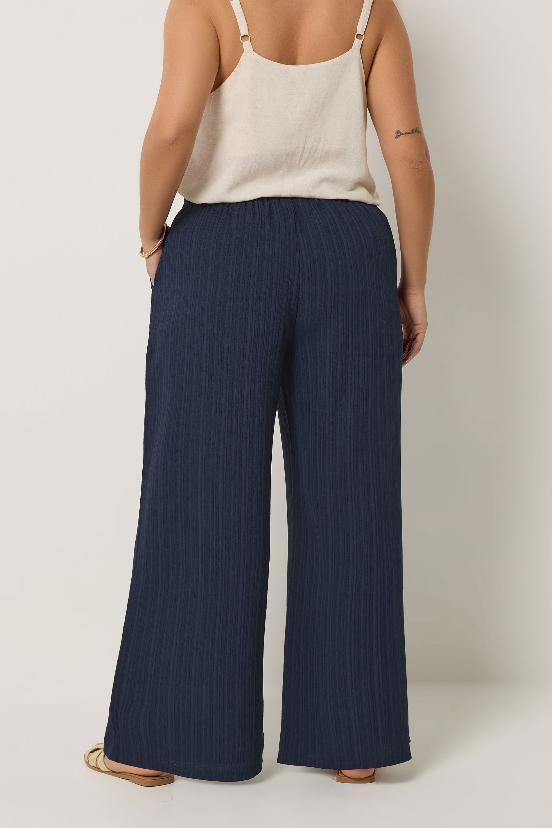 YOURS Plus Size Navy Blue Wide Leg Textured Trousers | Yours Clothing 2