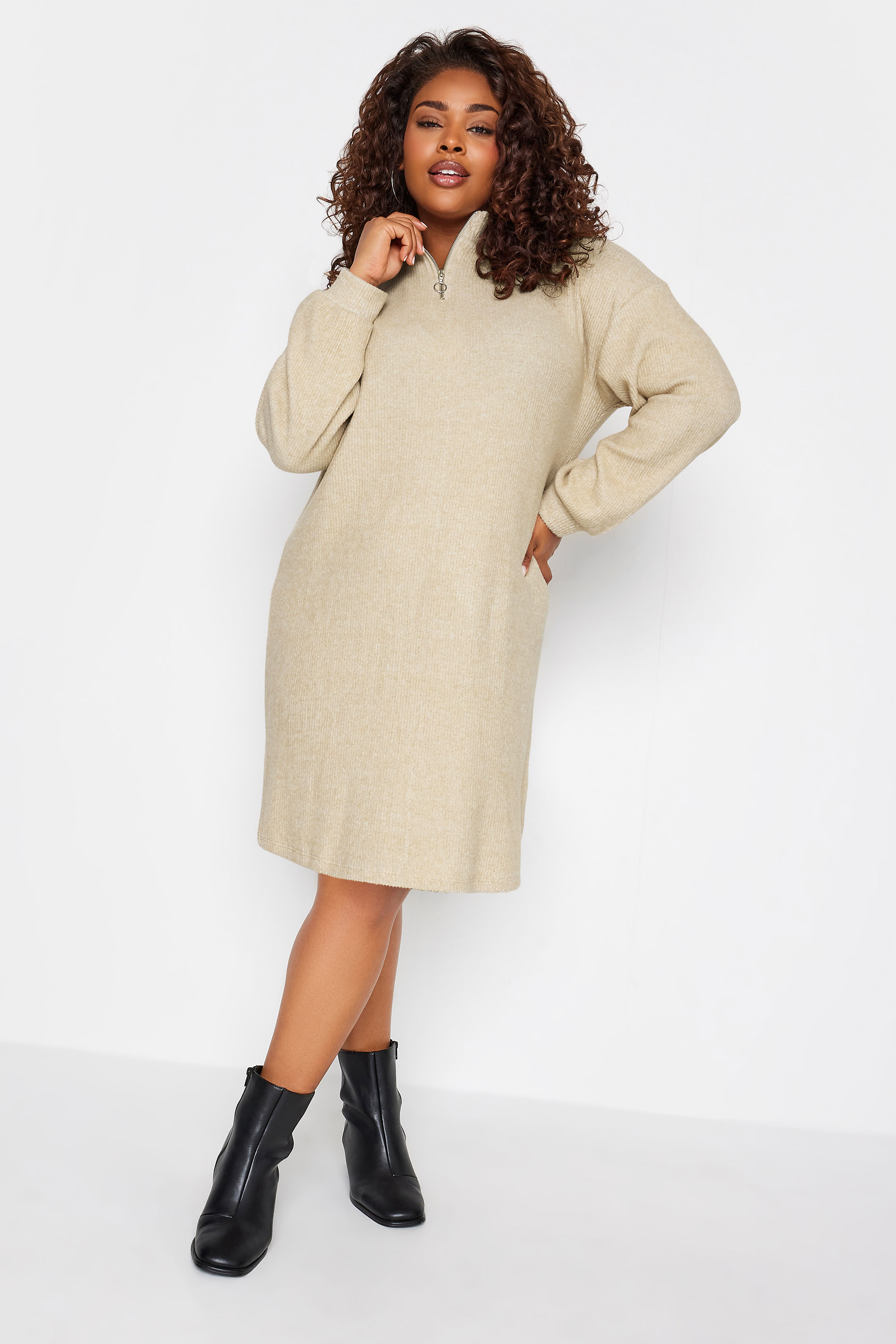 YOURS Curve Stone Brown Soft Touch Ribbed Zip Jumper Dress | Yours Clothing 1