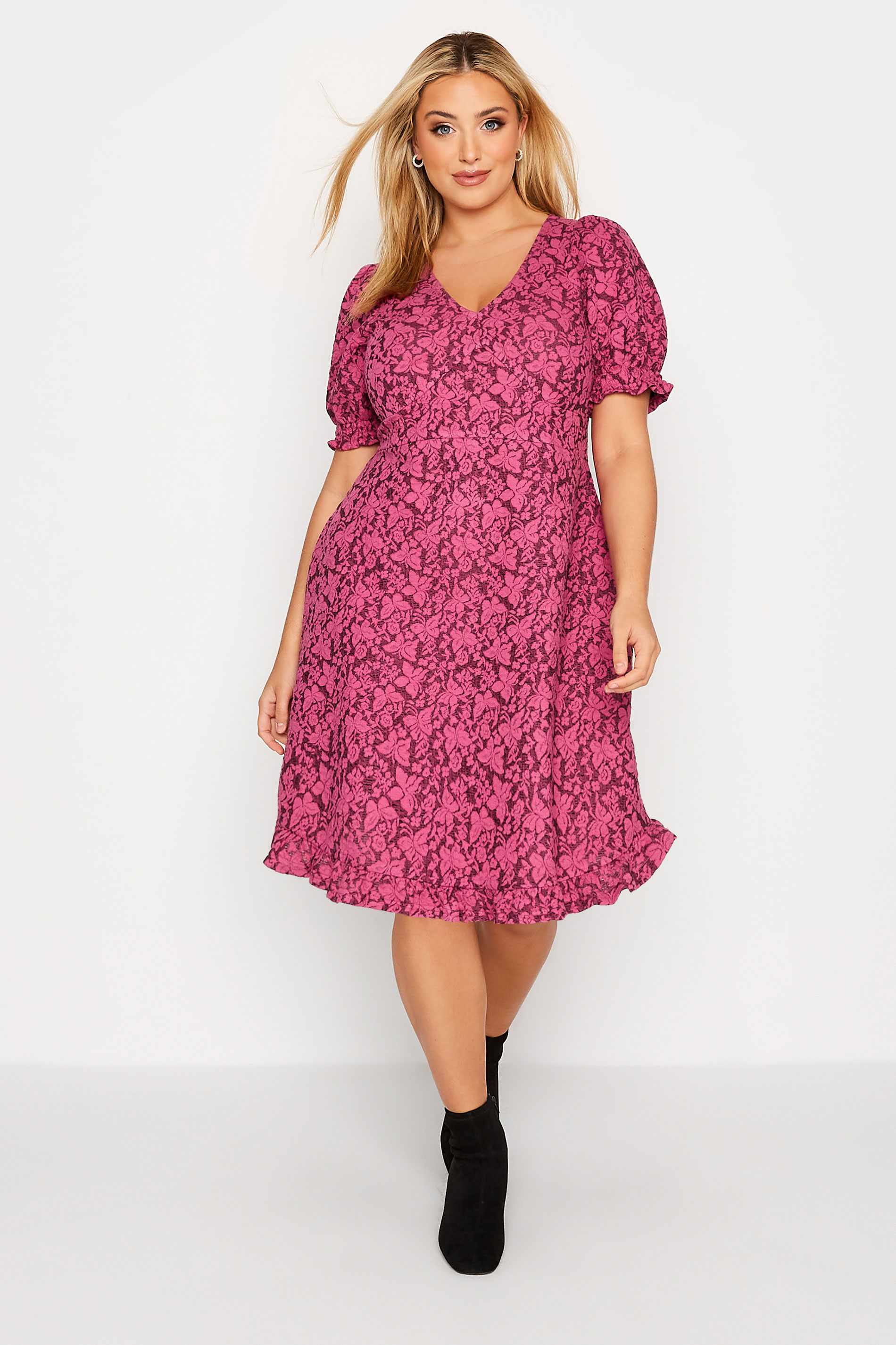 Curve Dark Pink Floral Midi Dress | Yours Clothing  1