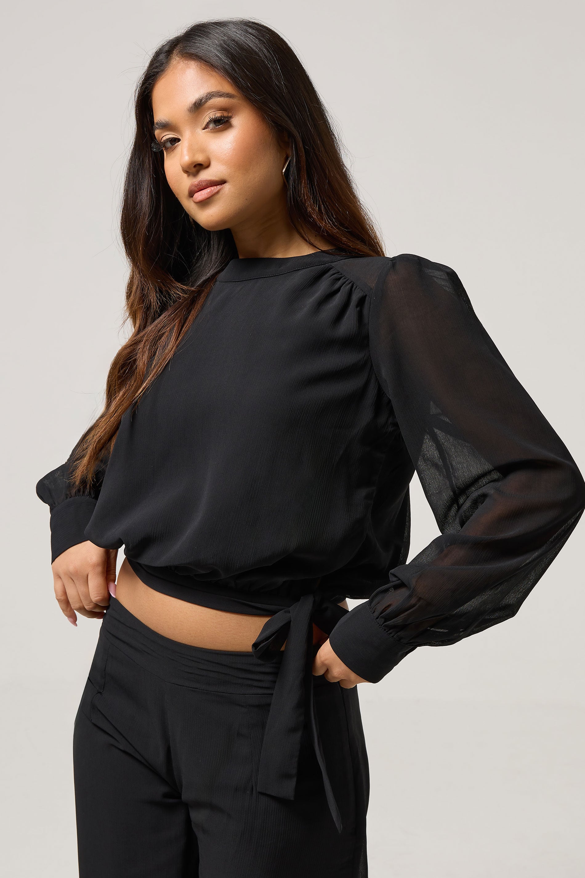 PixieGirl Petite Women's Black Chiffon Side Tie Blouse | PixieGirl 3