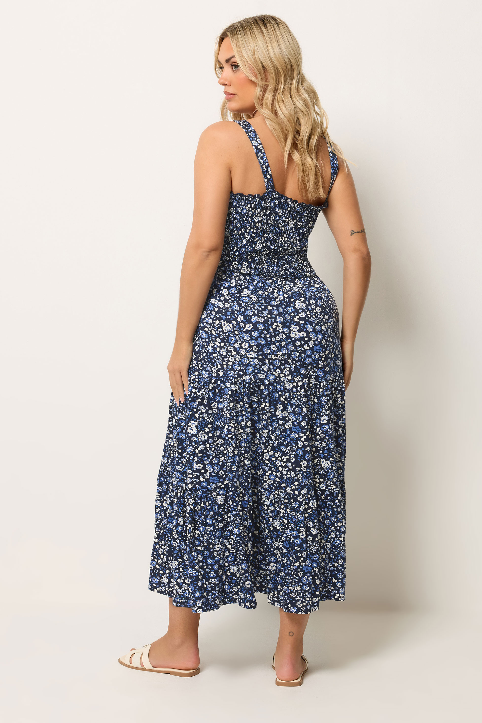 YOURS Plus Size Blue Ditsy Floral Shirred Midi Dress | Yours Clothing 2
