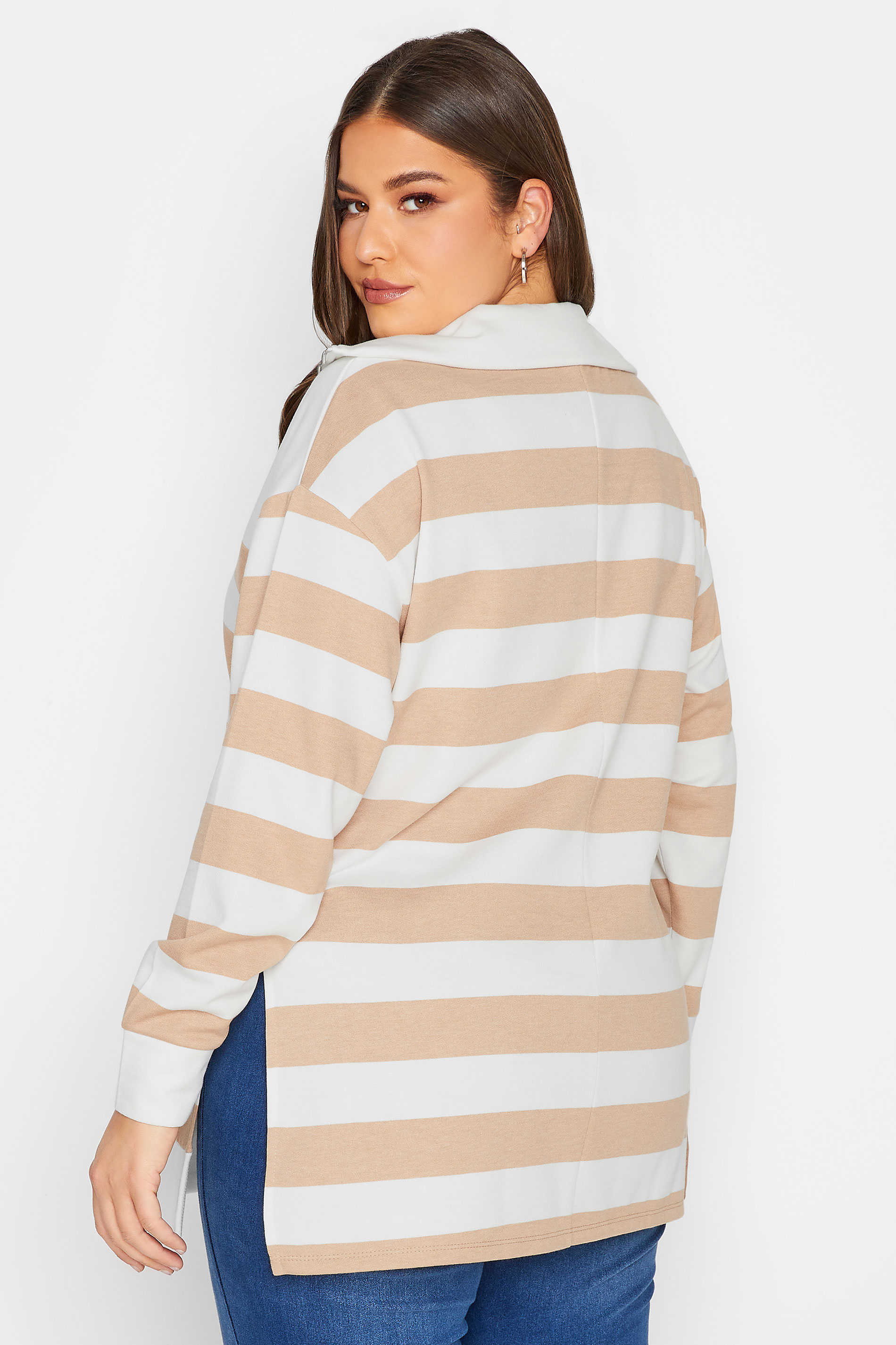 YOURS Plus Size White & Beige Brown Stripe Quarter Zip Jumper | Yours Clothing 3