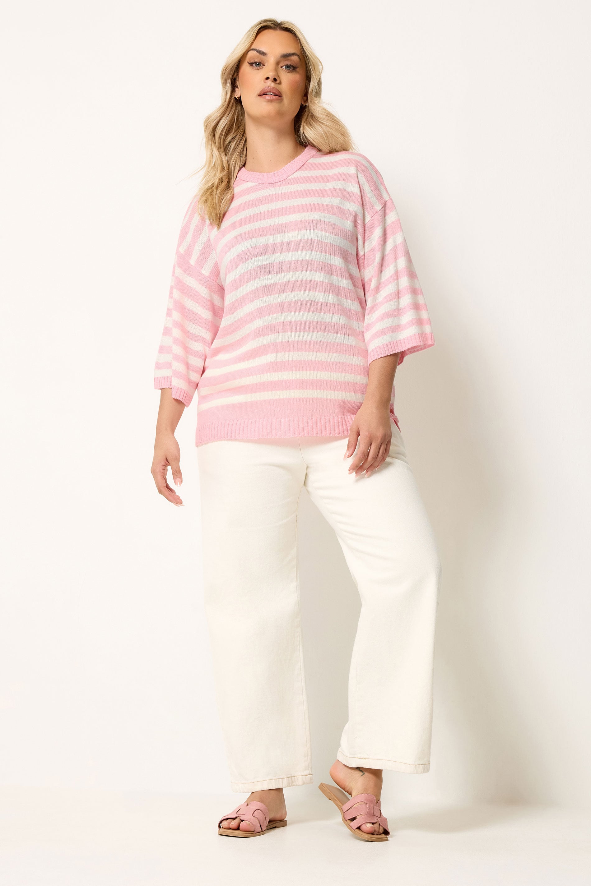 YOURS Plus Size Pink Striped Knitted Jumper | Yours Clothing 1