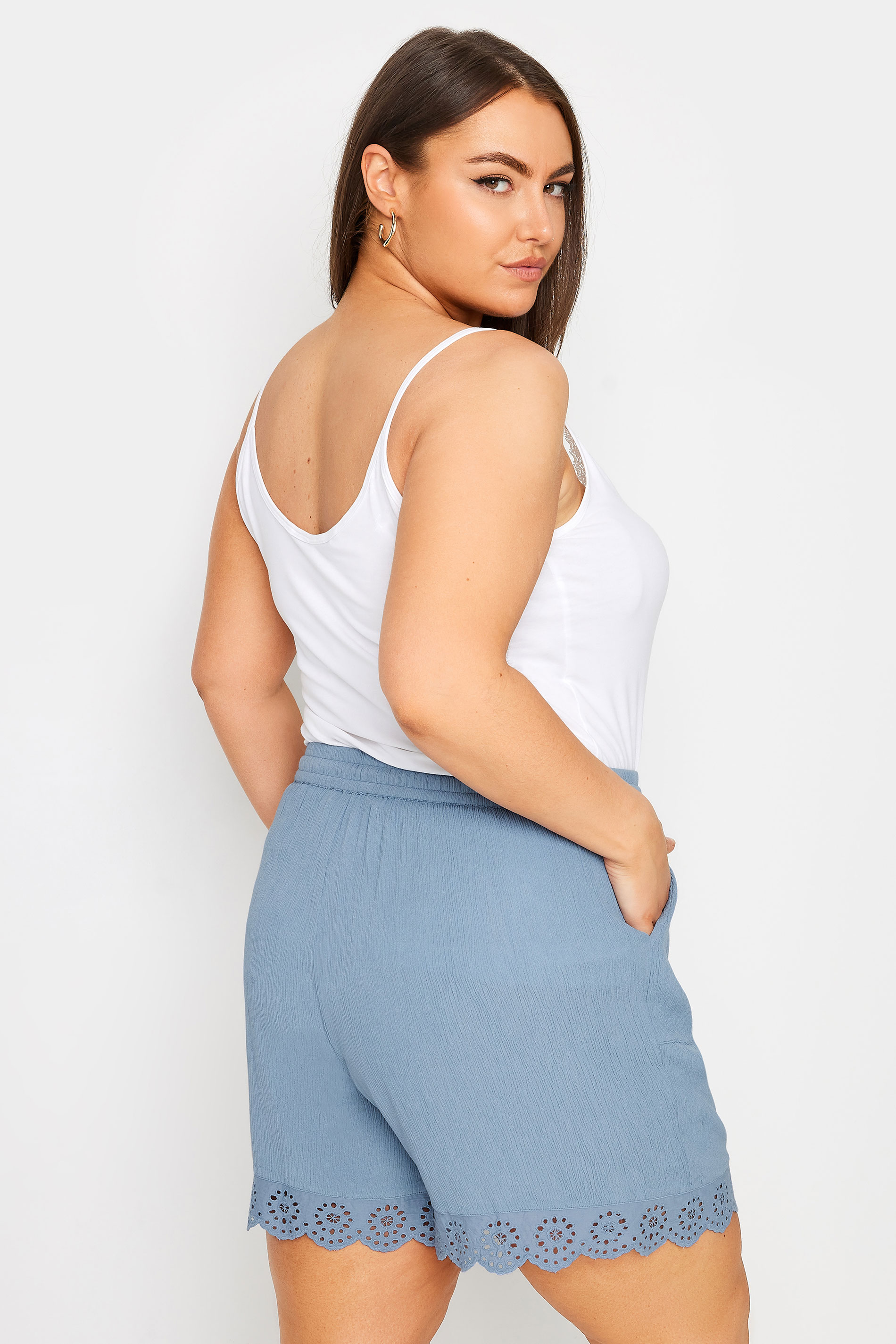 YOURS Plus Size Blue Broderie Anglaise Scalloped Shorts | Yours Clothing 3
