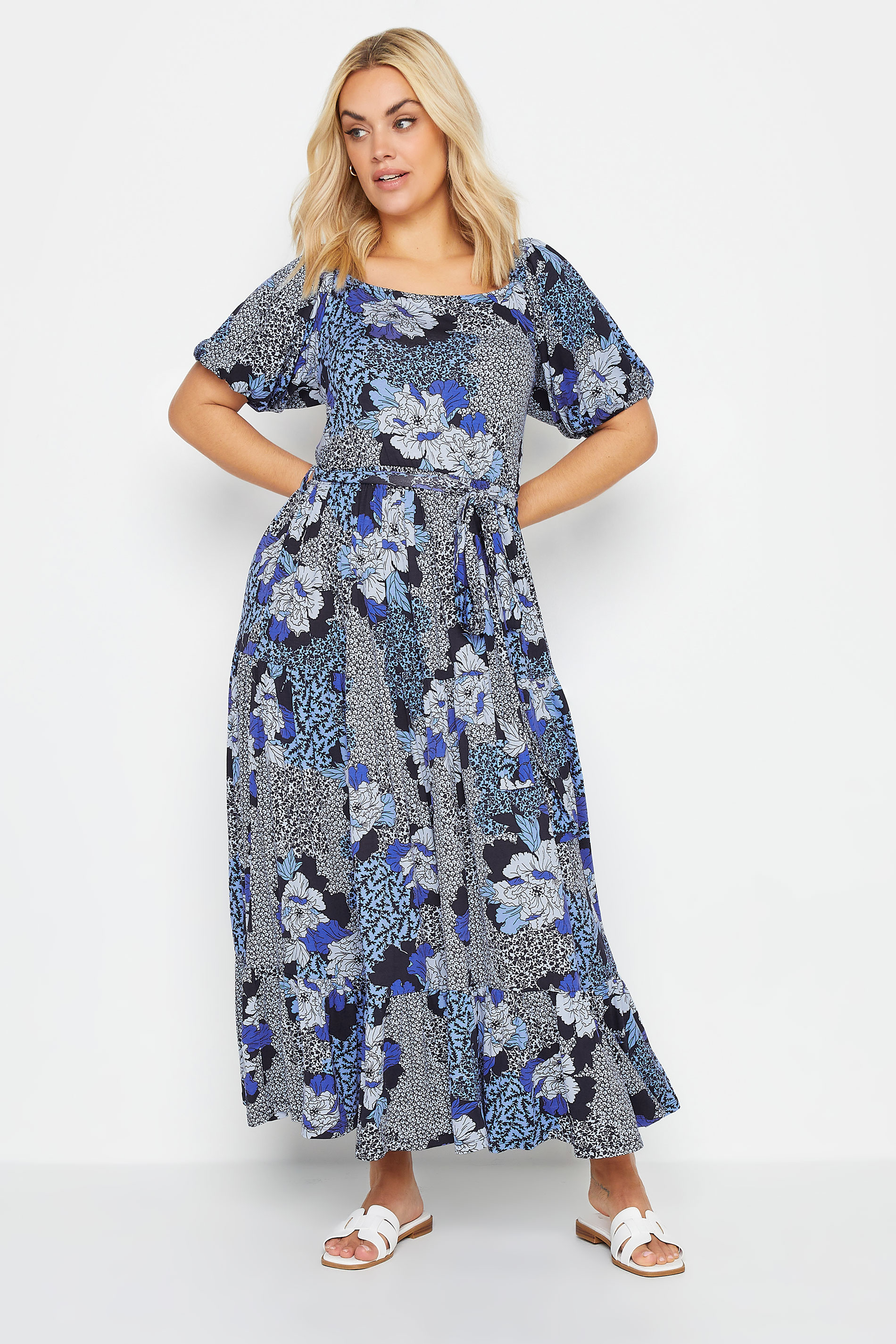 YOURS Plus Size Blue Floral Print Tiered Maxi Dress | Yours Clothing 1