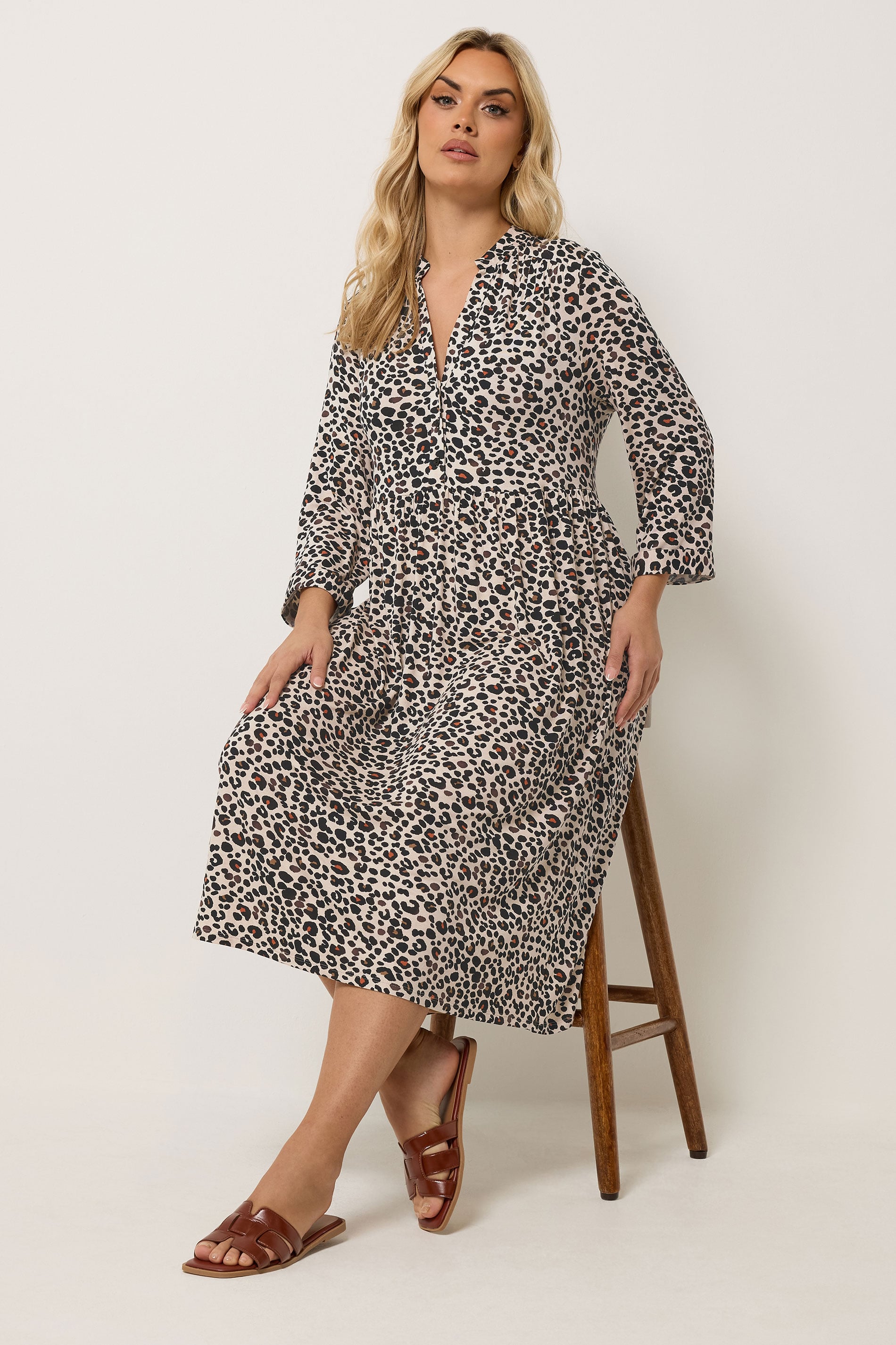 YOURS Plus Size Natural Brown Leopard Print Midi Dress | Yours Clothing 3